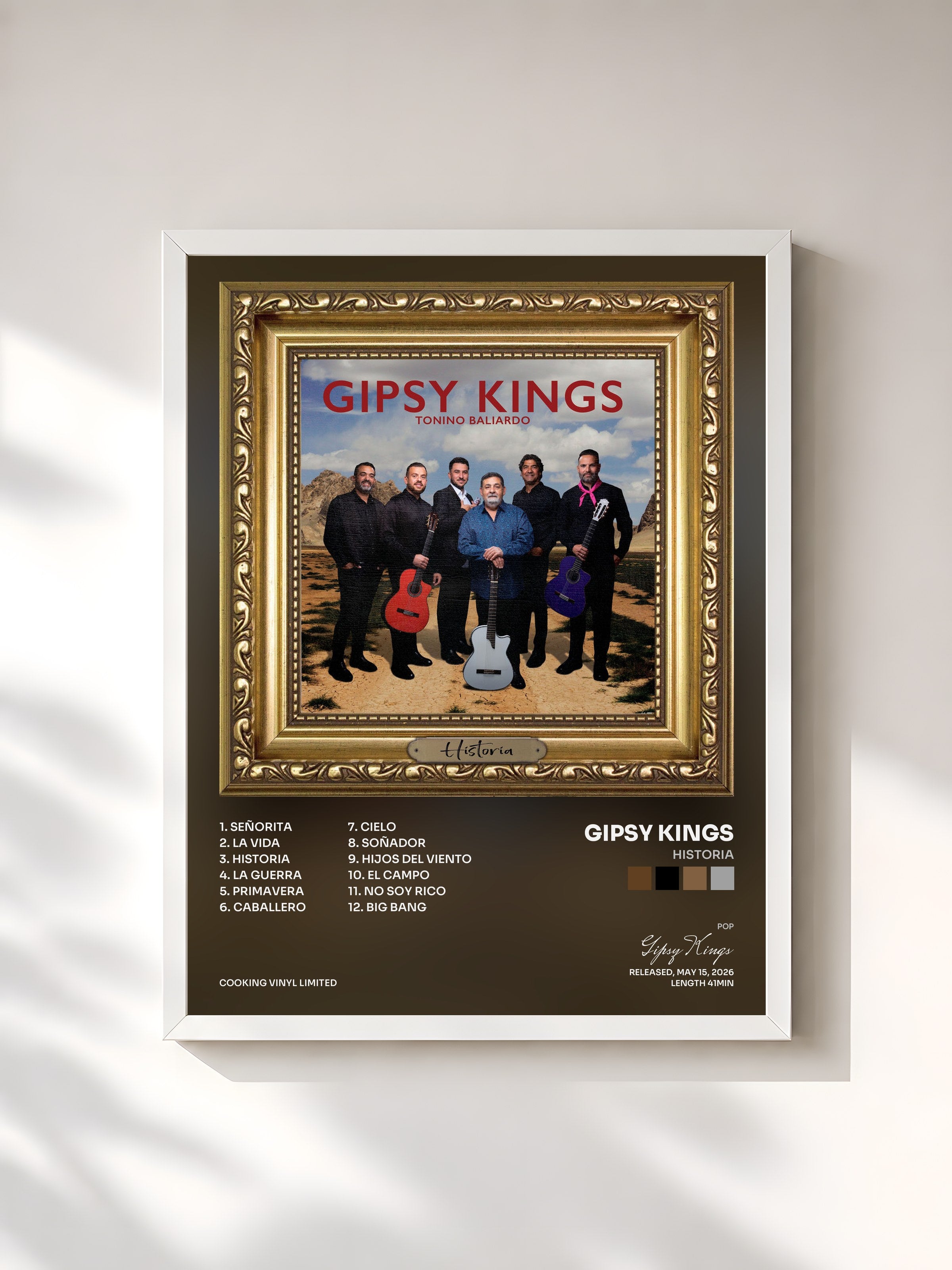 #blanc Tableau de l'album Historia de Gipsy Kings, cadre blanc, imprimé et encadré en France