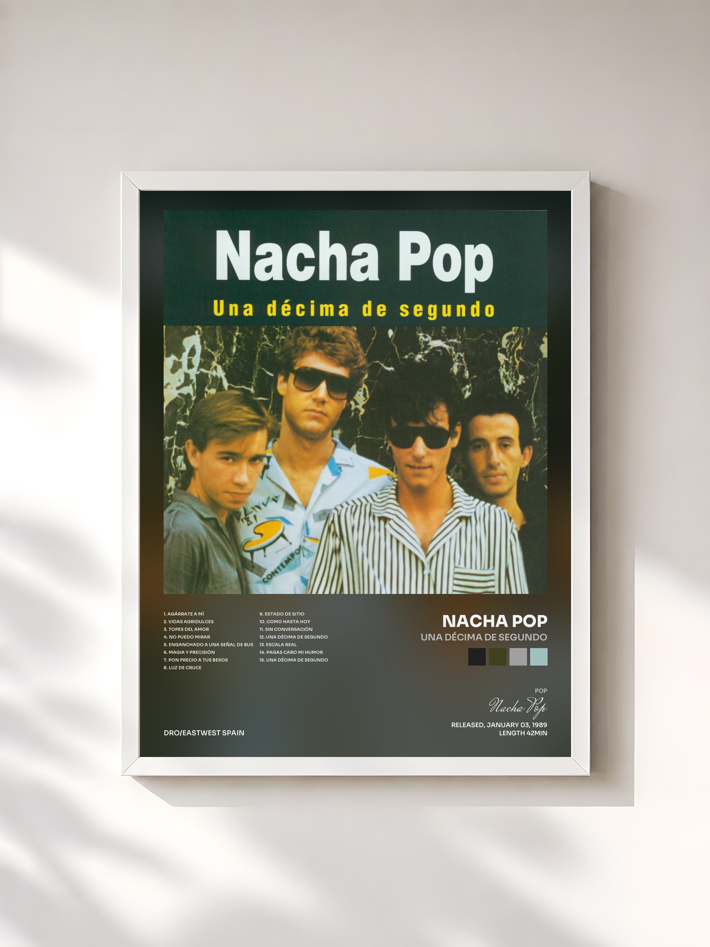 #blanc Tableau de l'album Una Décima de Segundo de Nacha Pop, cadre blanc, imprimé et encadré en France
