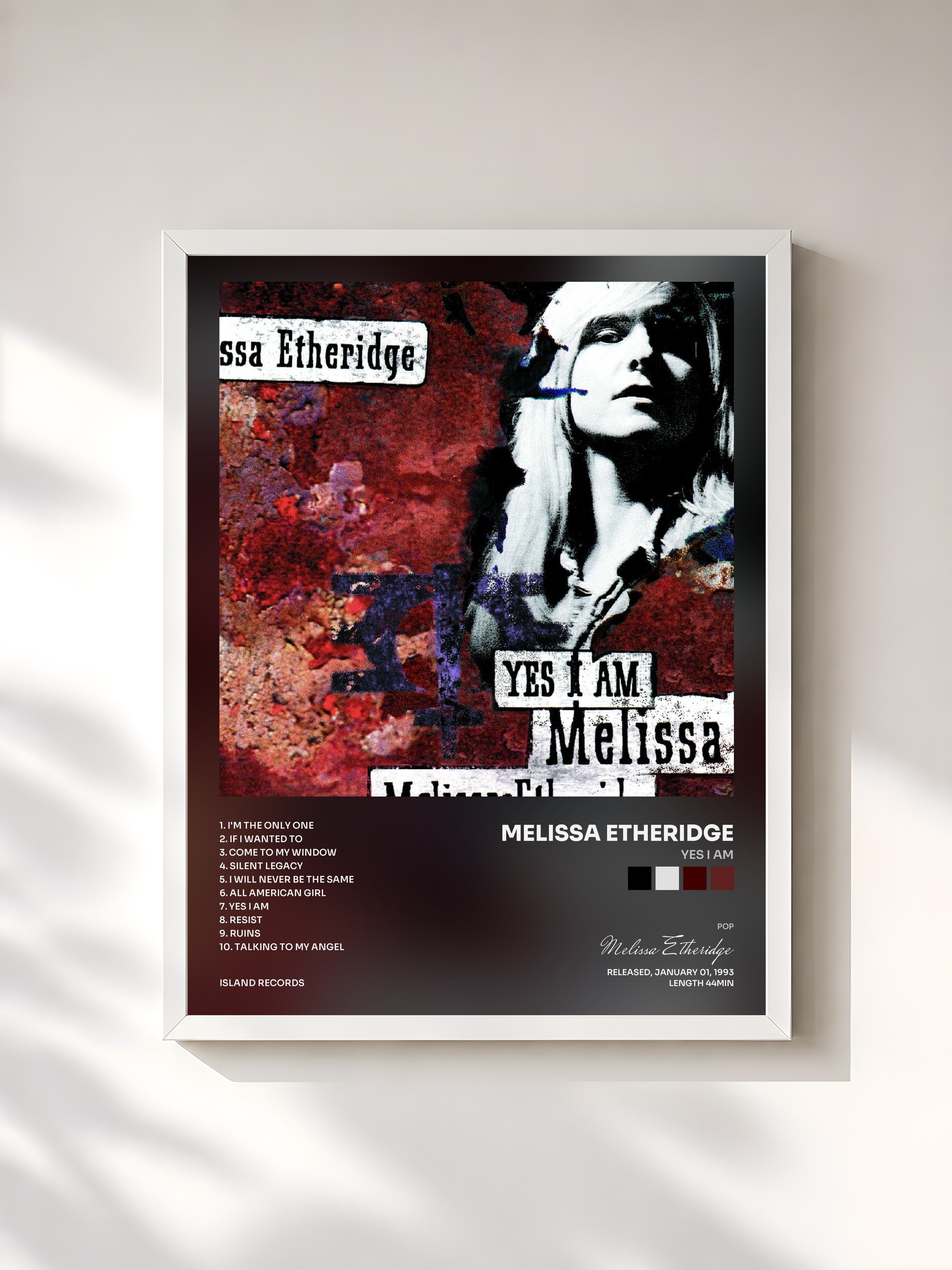 #blanc Tableau de l'album Yes I Am de Melissa Etheridge, cadre blanc, imprimé et encadré en France