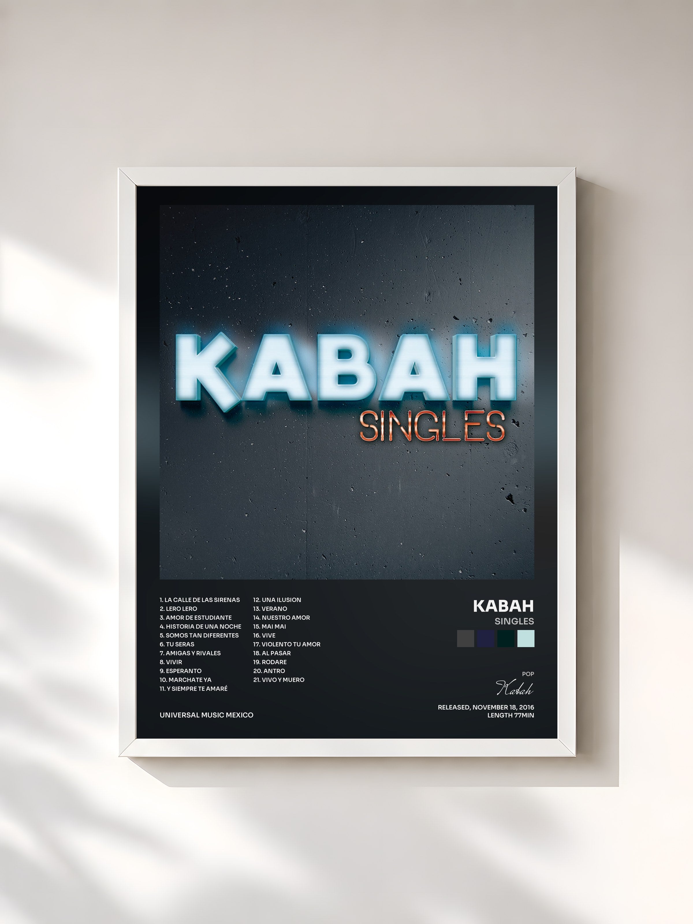 #blanc Tableau de l'album Singles de Kabah, cadre blanc, imprimé et encadré en France