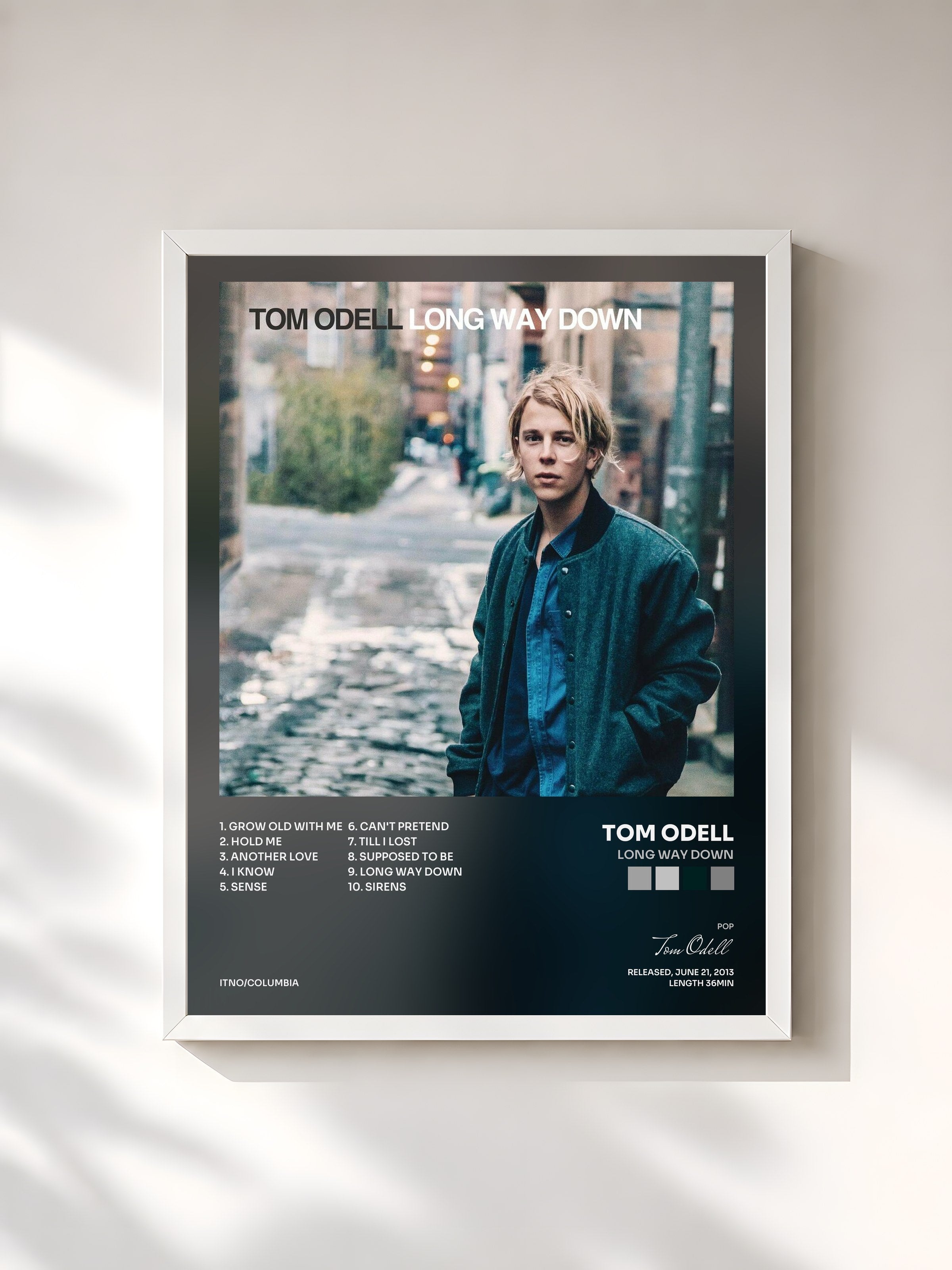 #blanc Tableau de l'album Long Way Down de Tom Odell, cadre blanc, imprimé et encadré en France