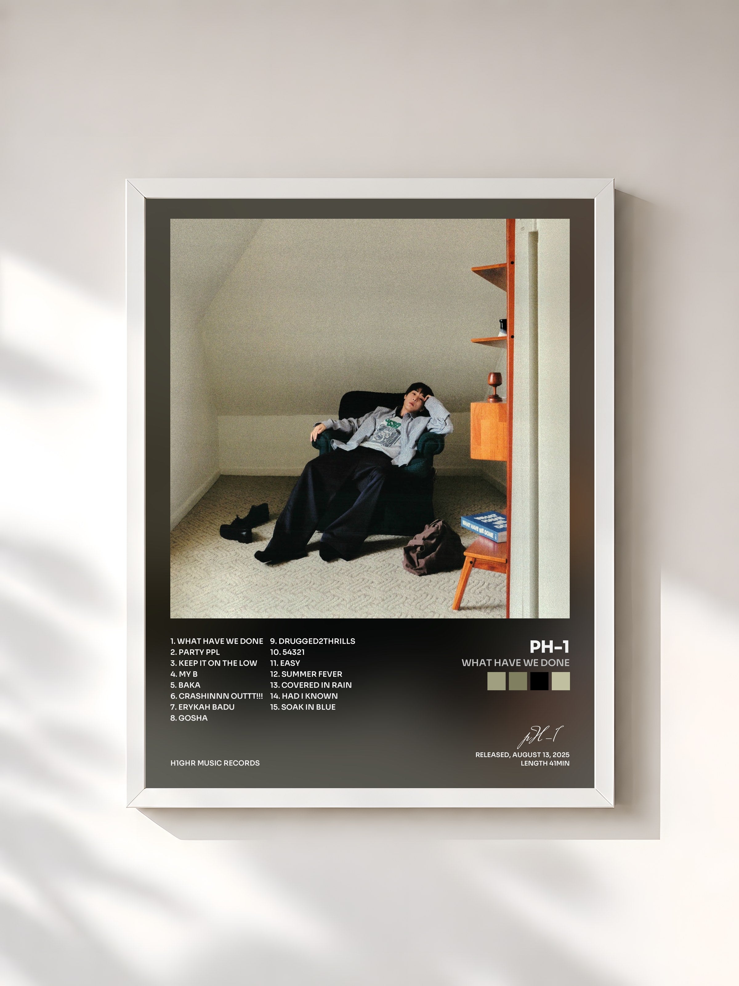 #blanc Tableau de l'album WHAT HAVE WE DONE de pH-1, cadre blanc, imprimé et encadré en France