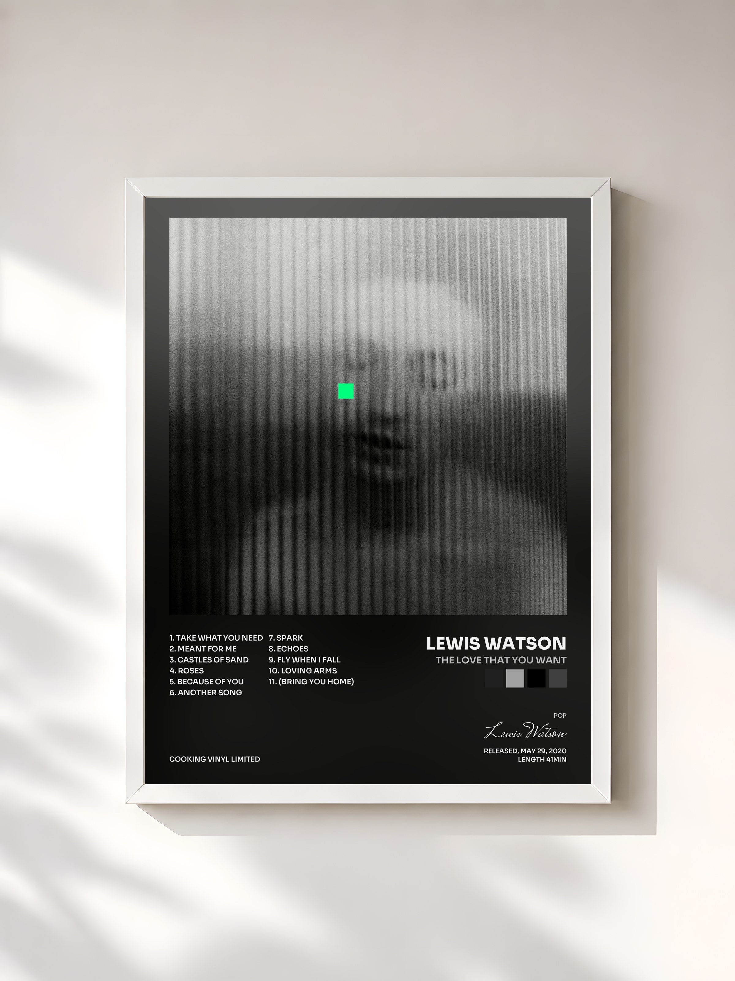 #blanc Tableau de l'album the love that you want de Lewis Watson, cadre blanc, imprimé et encadré en France