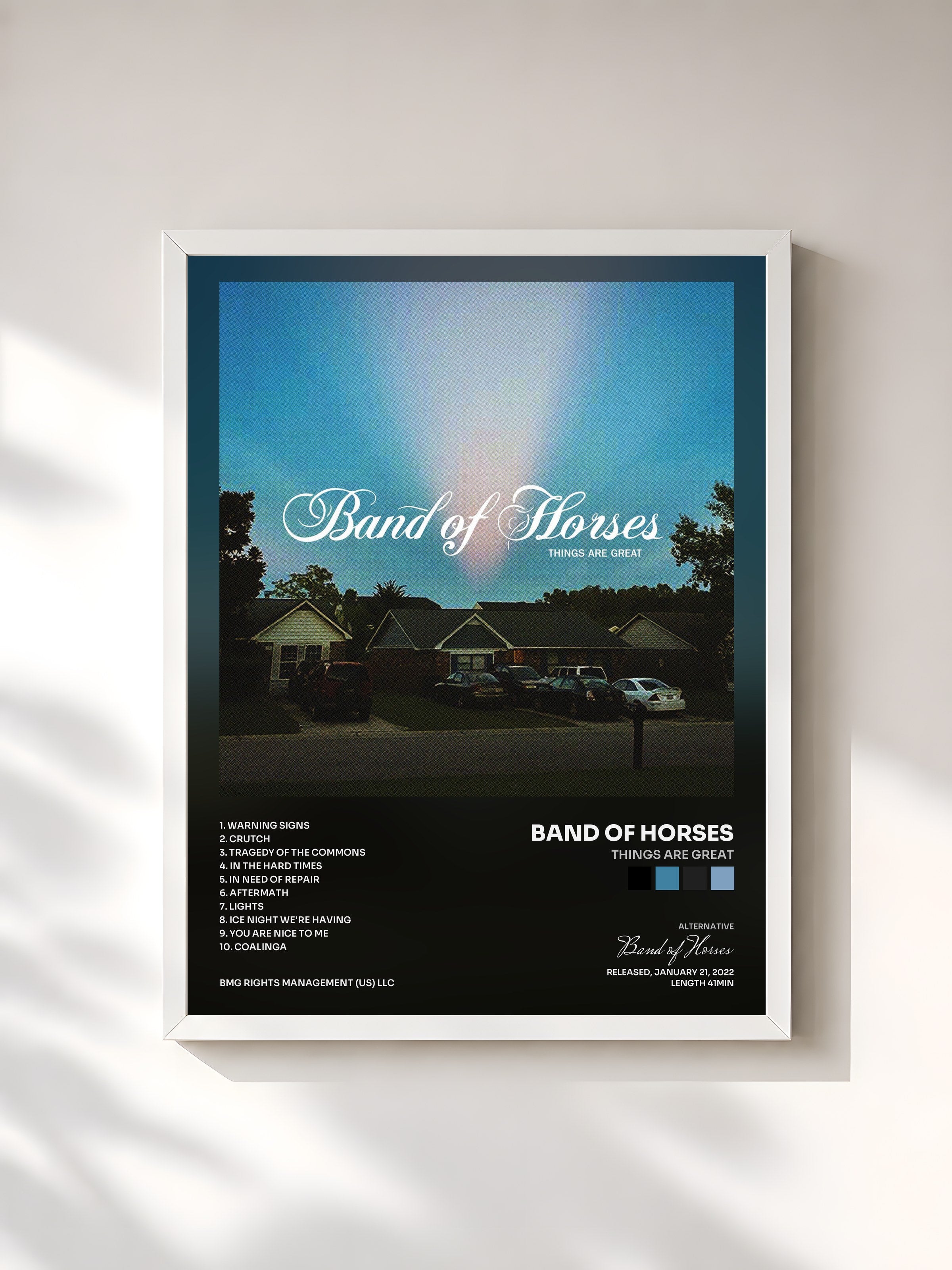 #blanc Tableau de l'album Things Are Great de Band of Horses, cadre blanc, imprimé et encadré en France