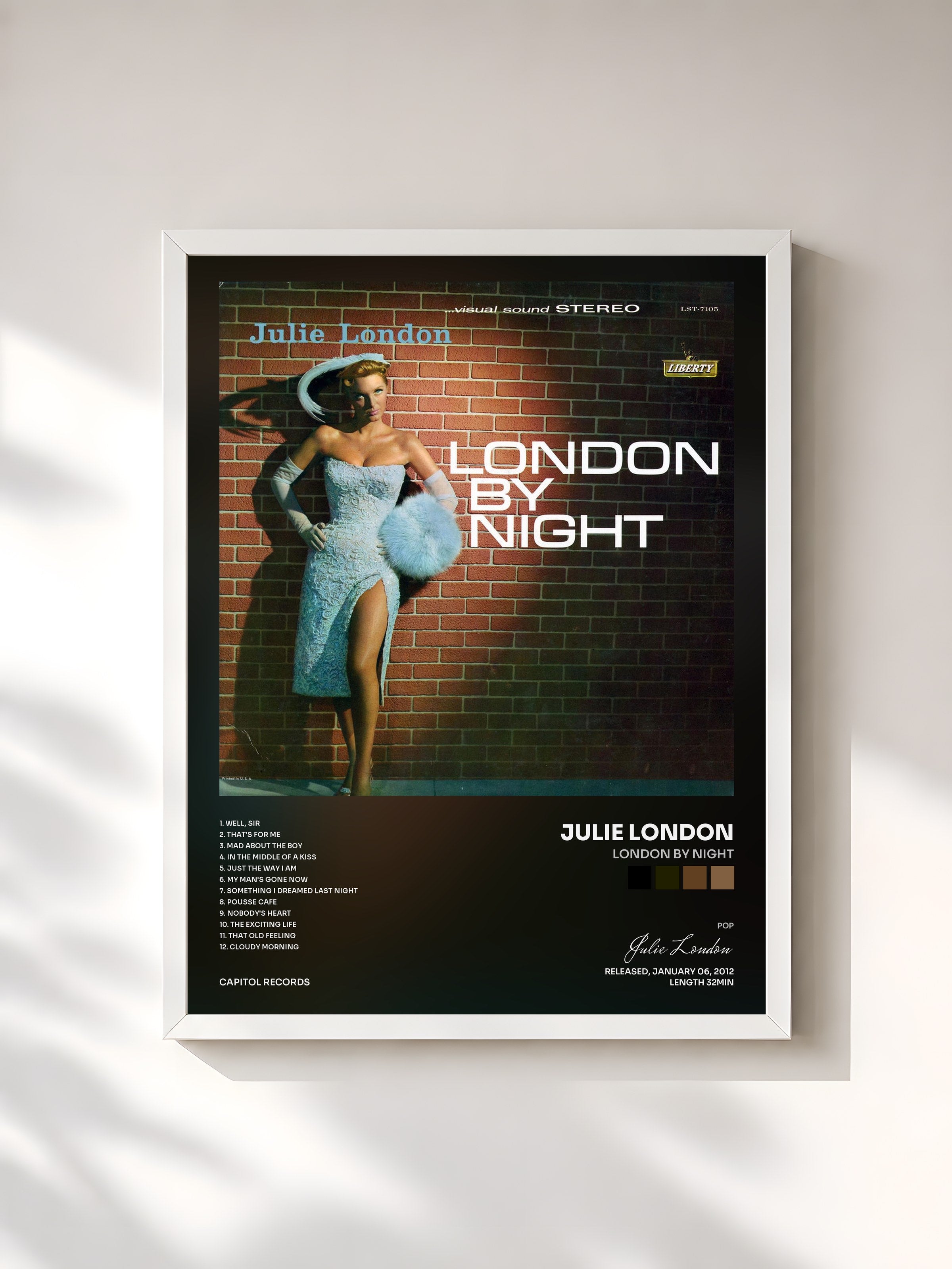 #blanc Tableau de l'album London By Night de Julie London, cadre blanc, imprimé et encadré en France