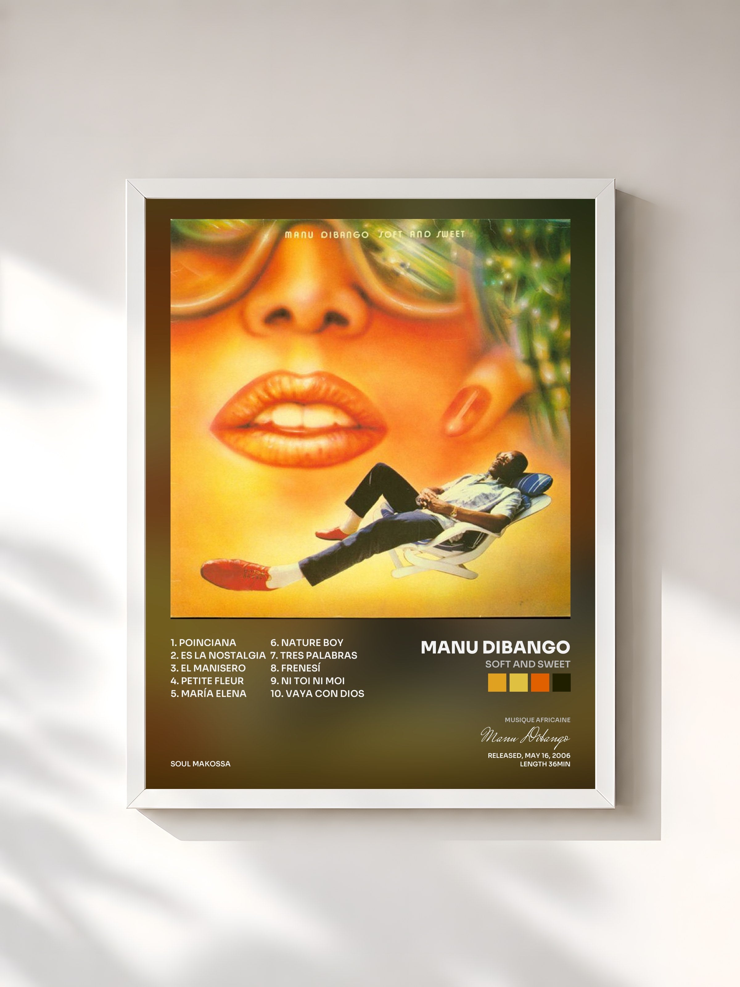 #blanc Tableau de l'album Soft And Sweet de Manu Dibango, cadre blanc, imprimé et encadré en France