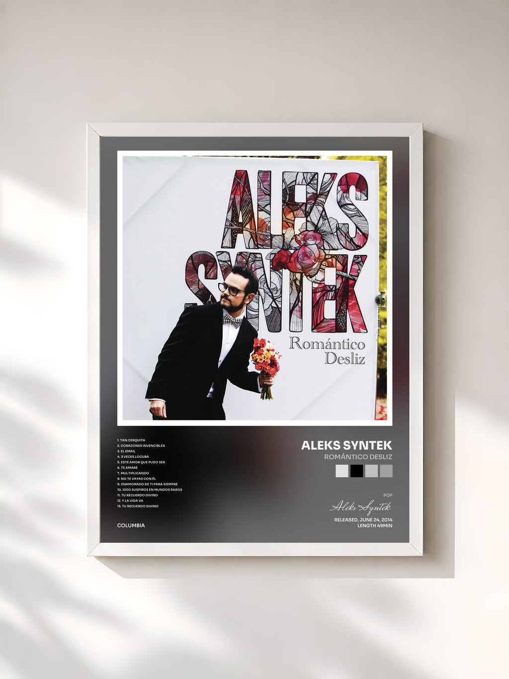 #blanc Tableau de l'album Romántico Desliz de Aleks Syntek, cadre blanc, imprimé et encadré en France