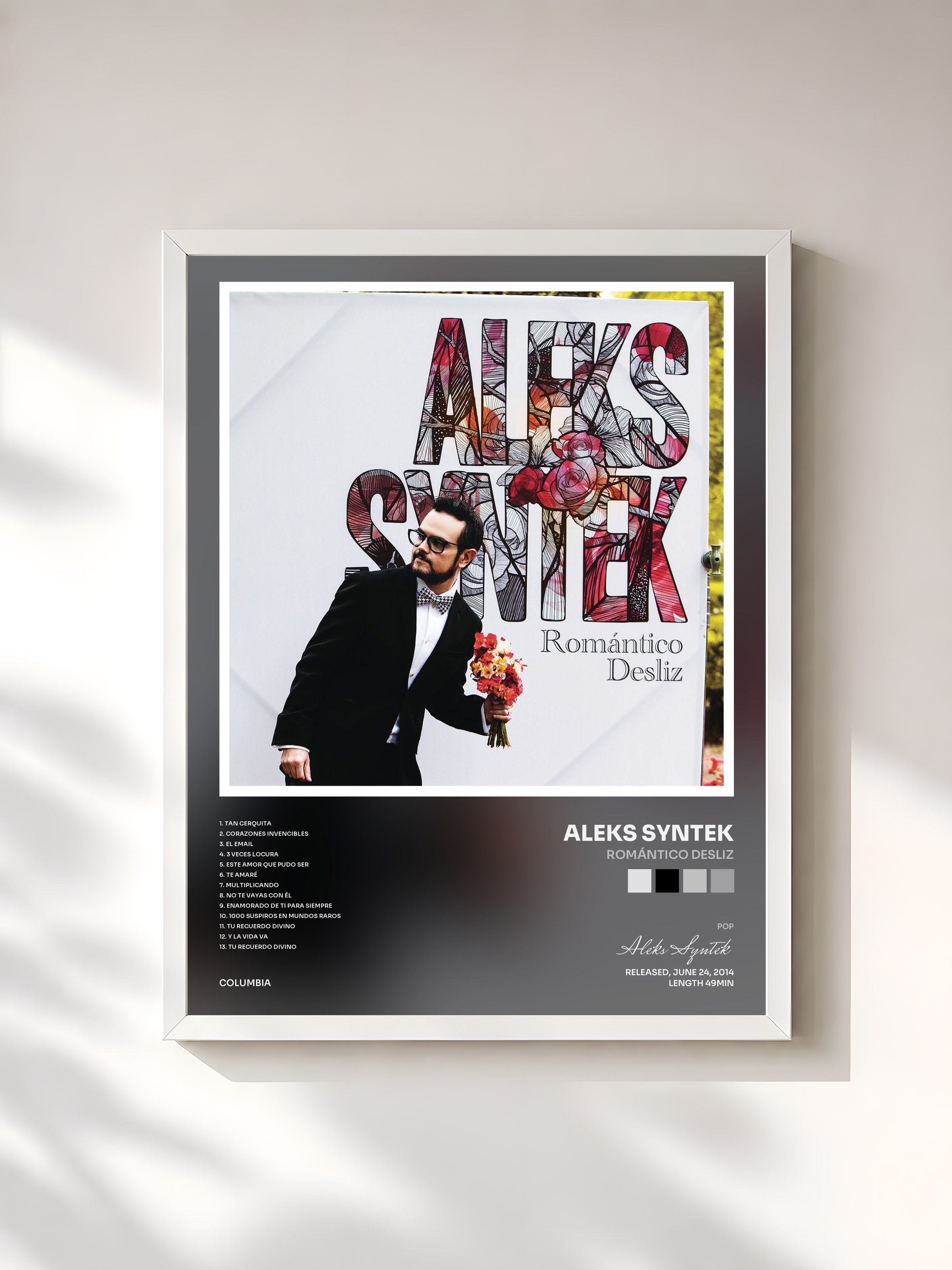 #blanc Tableau de l'album Romántico Desliz de Aleks Syntek, cadre blanc, imprimé et encadré en France