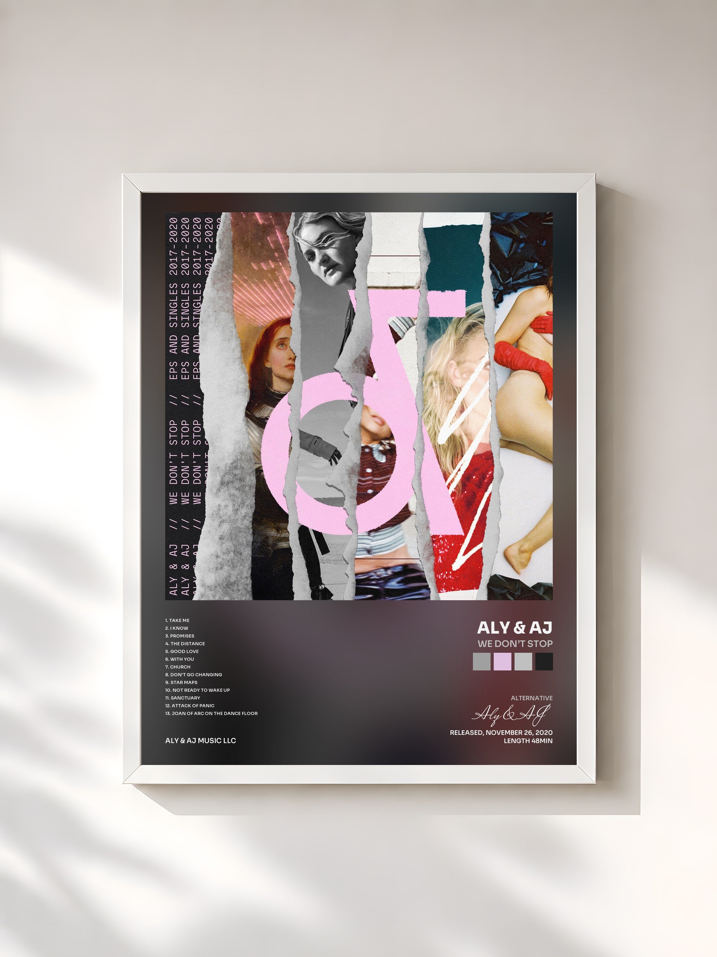 #blanc Tableau de l'album We Don’t Stop de Aly & AJ, cadre blanc, imprimé et encadré en France