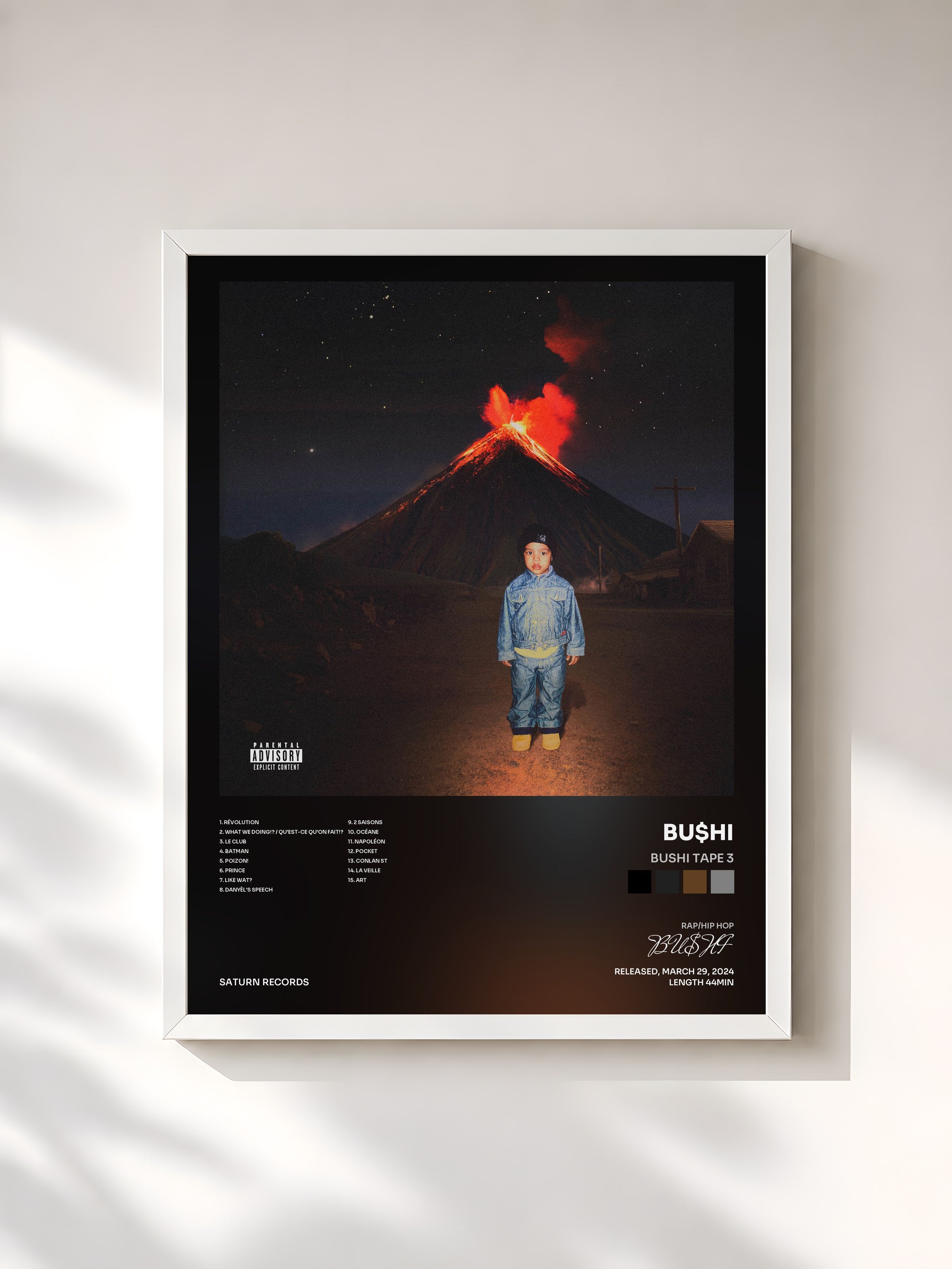 #blanc Tableau de l'album Bushi Tape 3 de BU$HI, cadre blanc, imprimé et encadré en France