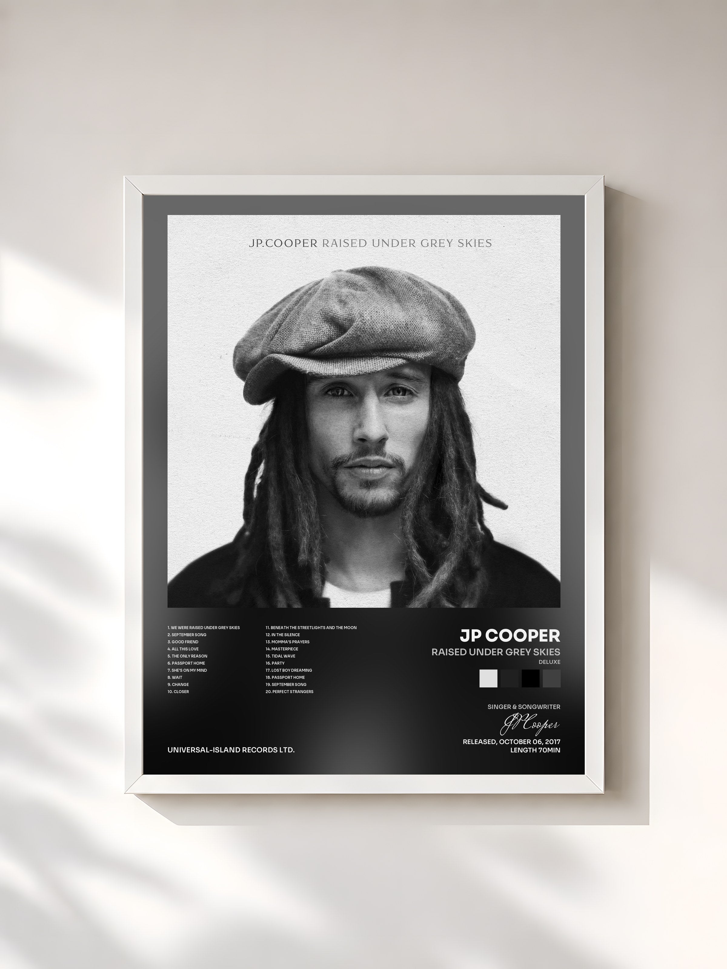 #blanc Tableau de l'album Raised Under Grey Skies (Deluxe) de JP Cooper, cadre blanc, imprimé et encadré en France