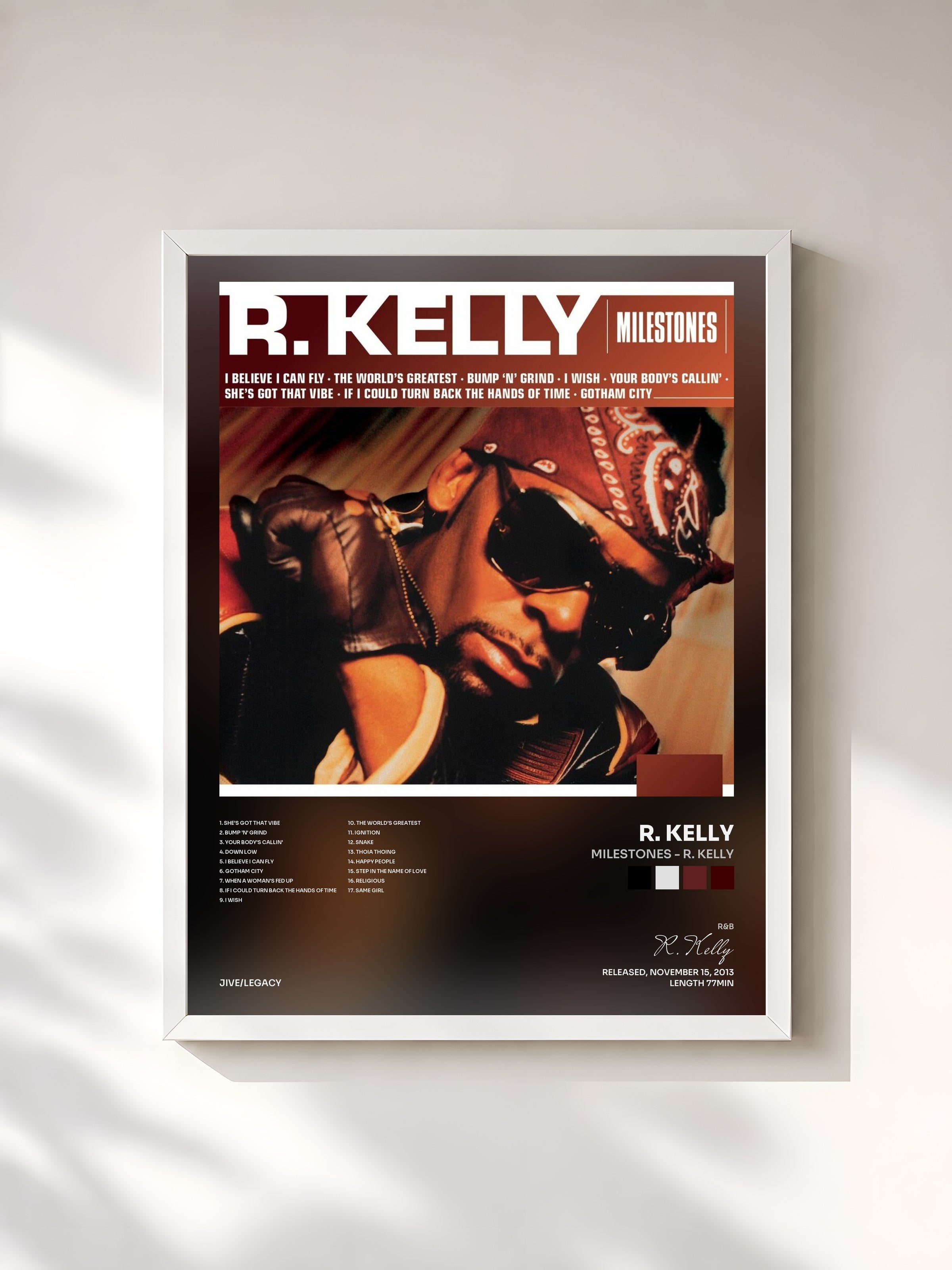 #blanc Tableau de l'album Milestones - R. Kelly de R. Kelly, cadre blanc, imprimé et encadré en France