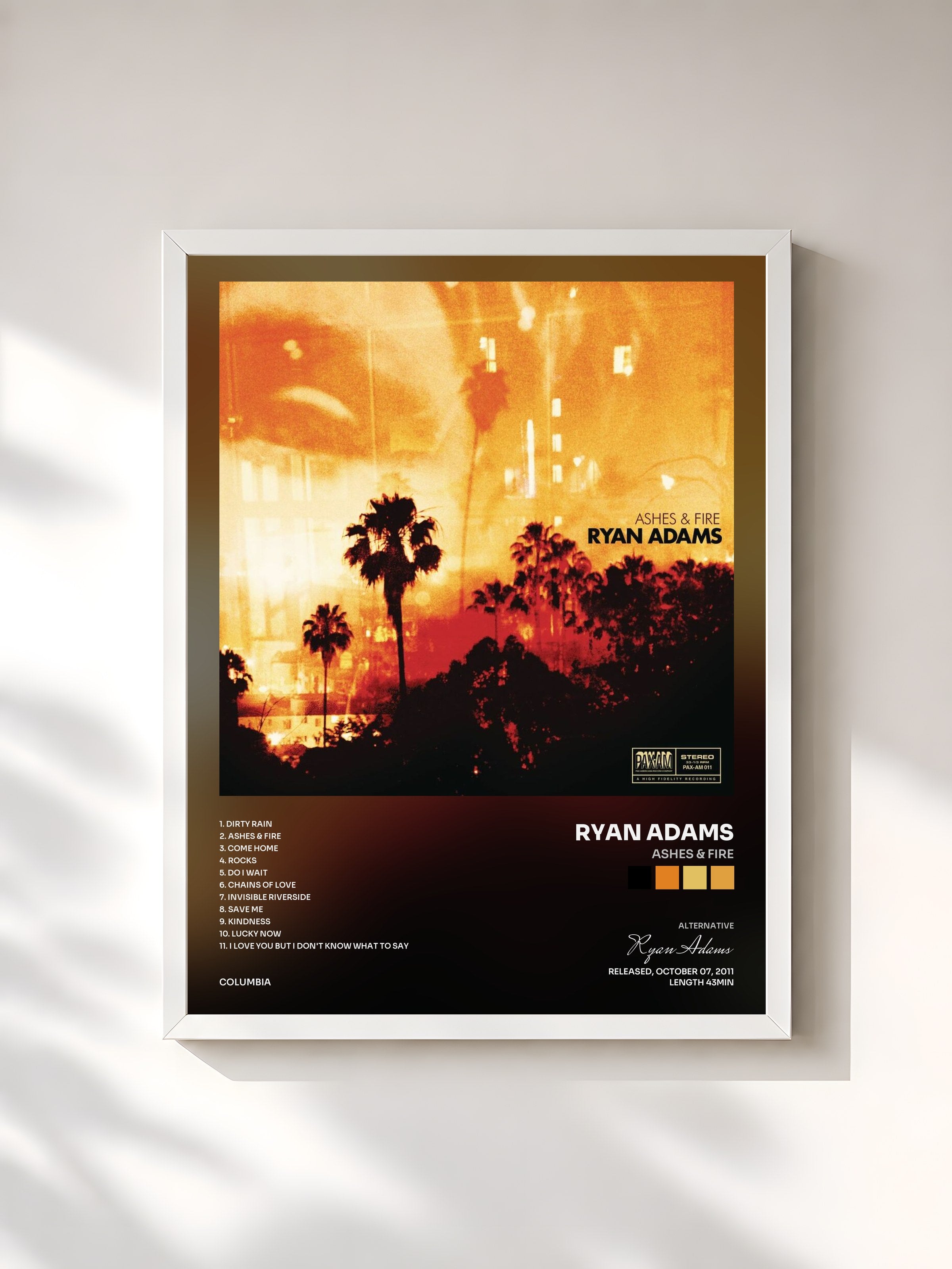 #blanc Tableau de l'album Ashes & Fire de Ryan Adams, cadre blanc, imprimé et encadré en France