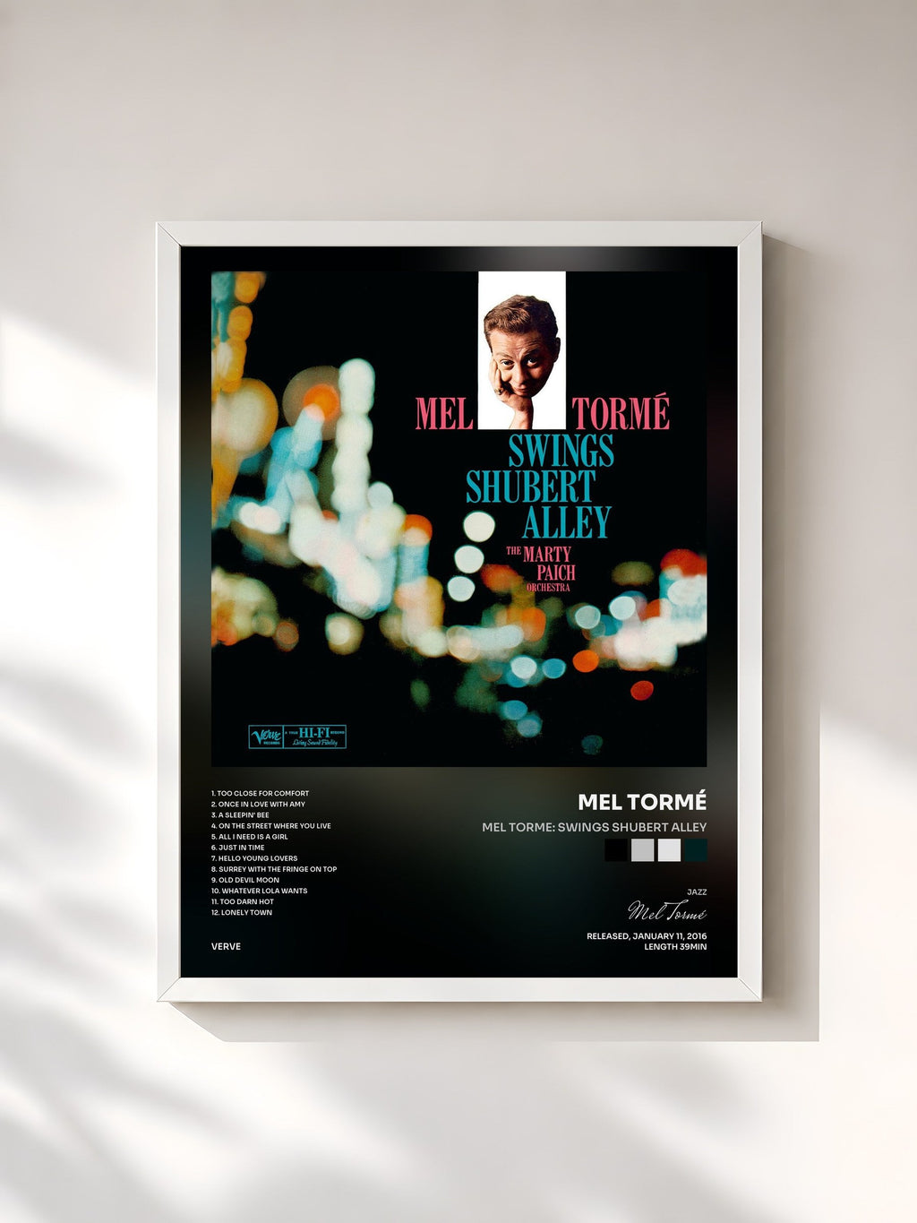 #blanc Mel Torme: Swings Shubert Alley de Mel Tormé en lámina enmarcada, marco blanco, impresa y enmarcada en Francia