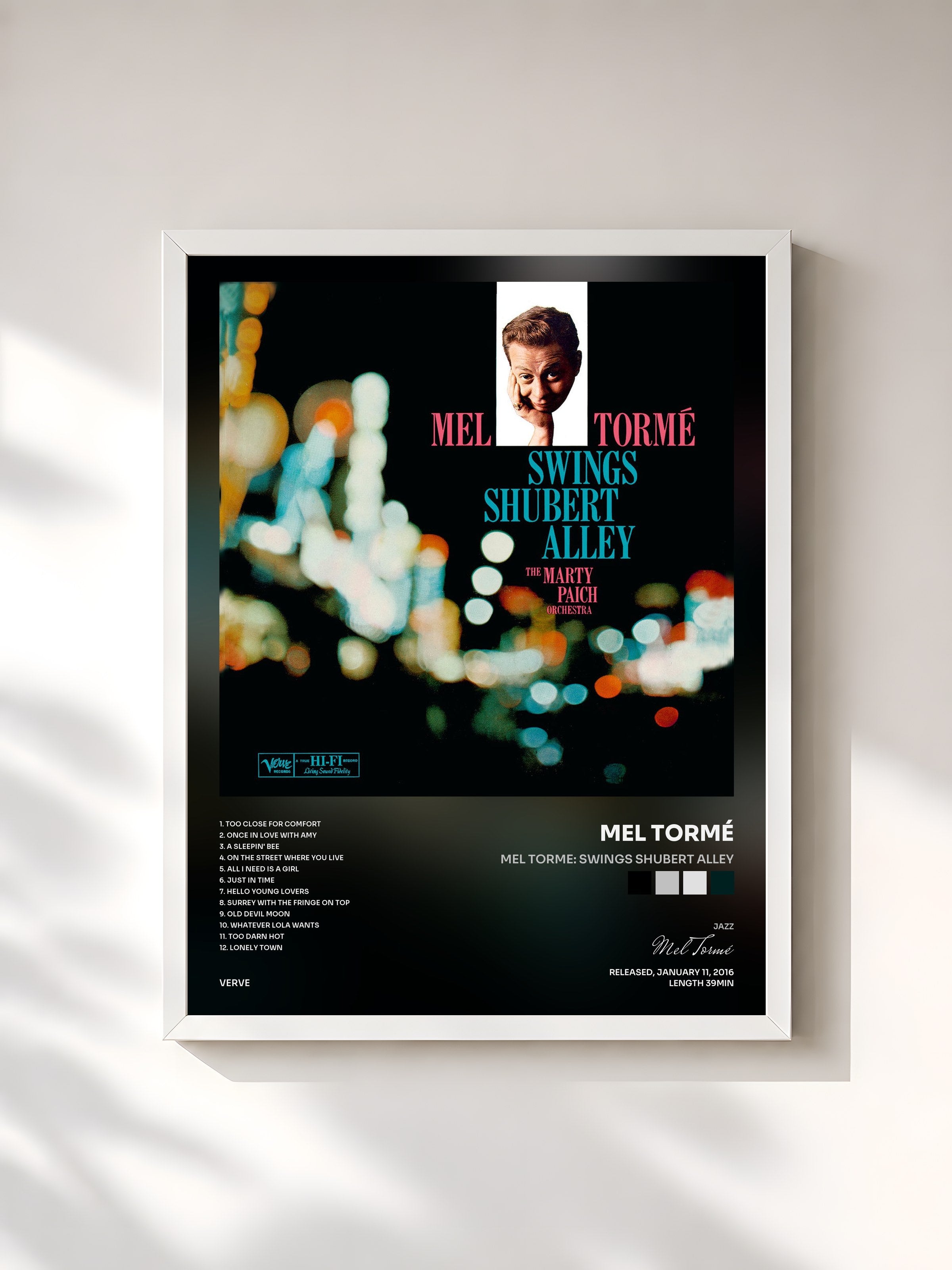 #blanc Tableau de l'album Mel Torme: Swings Shubert Alley de Mel Tormé, cadre blanc, imprimé et encadré en France