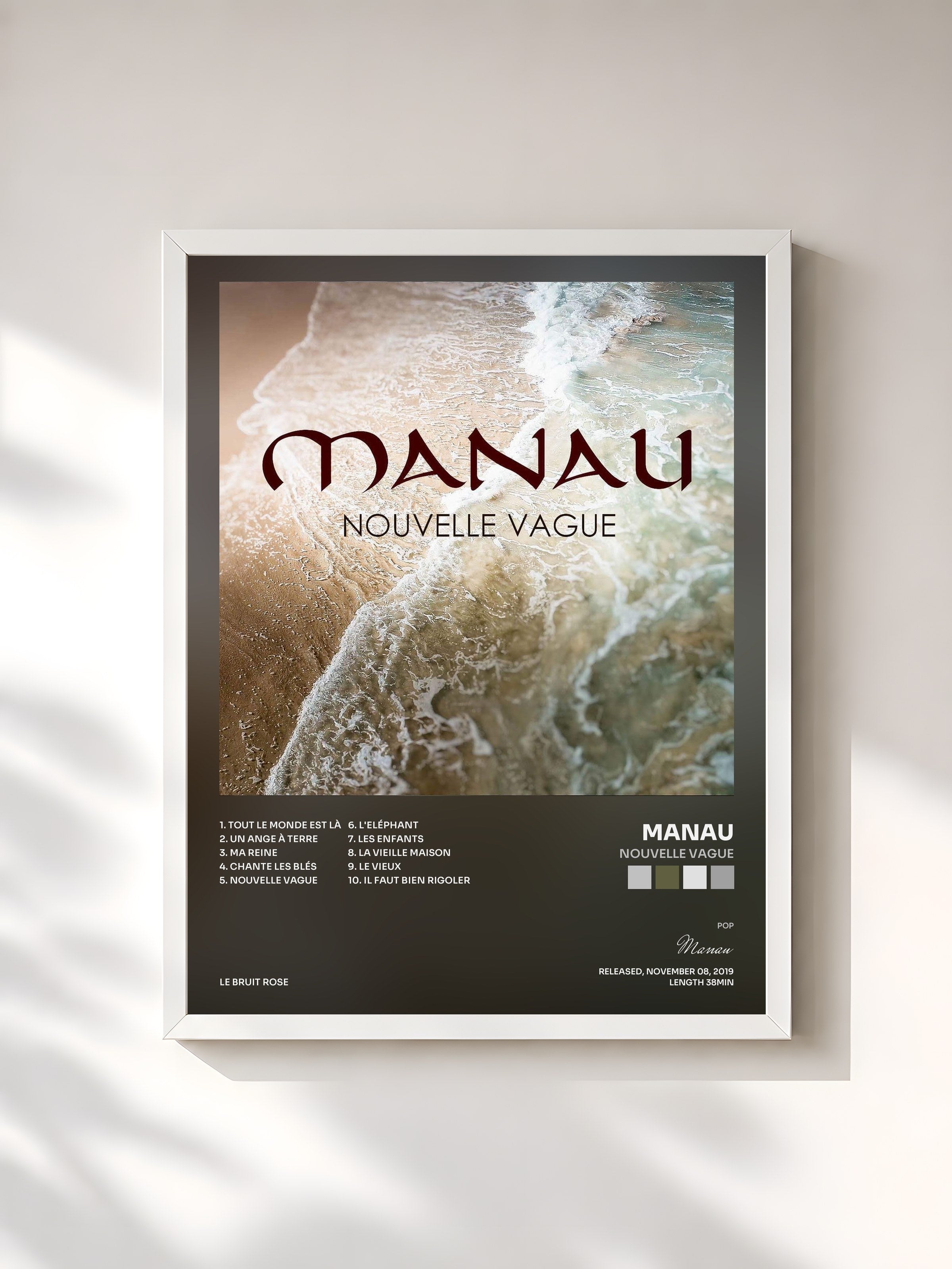#blanc Tableau de l'album Nouvelle vague de Manau, cadre blanc, imprimé et encadré en France