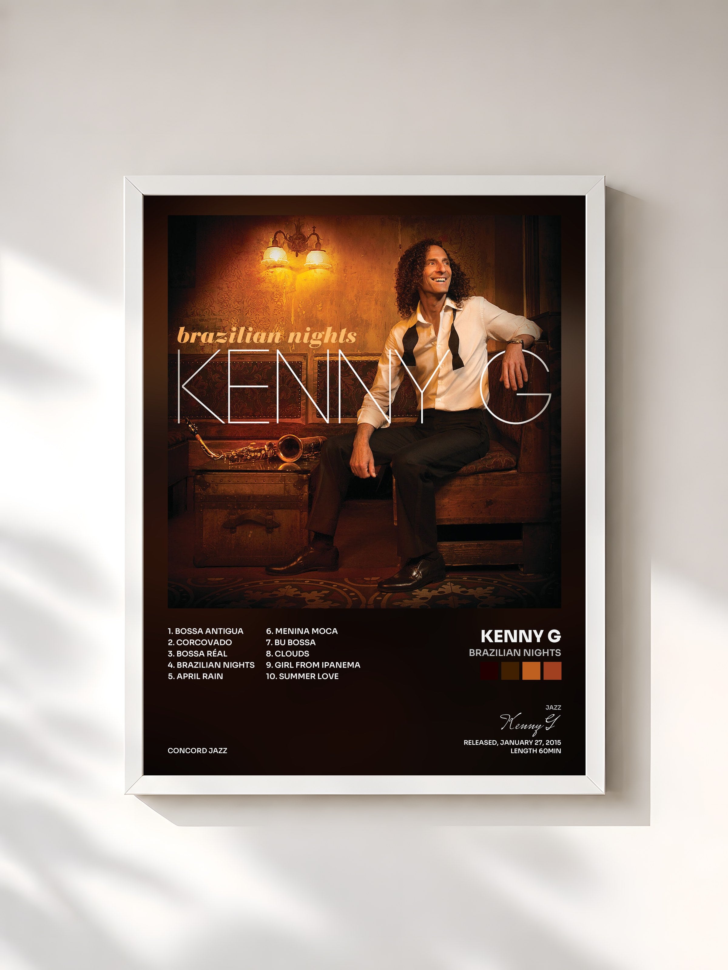#blanc Tableau de l'album Brazilian Nights de Kenny G, cadre blanc, imprimé et encadré en France