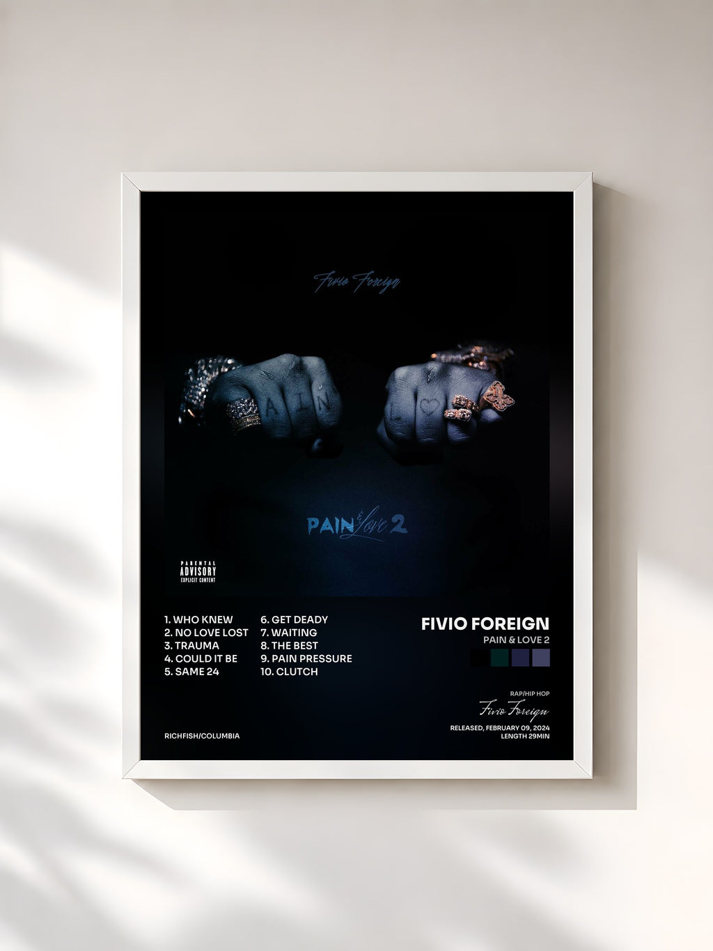 #blanc Tableau de l'album Pain & Love 2 de Fivio Foreign, cadre blanc, imprimé et encadré en France