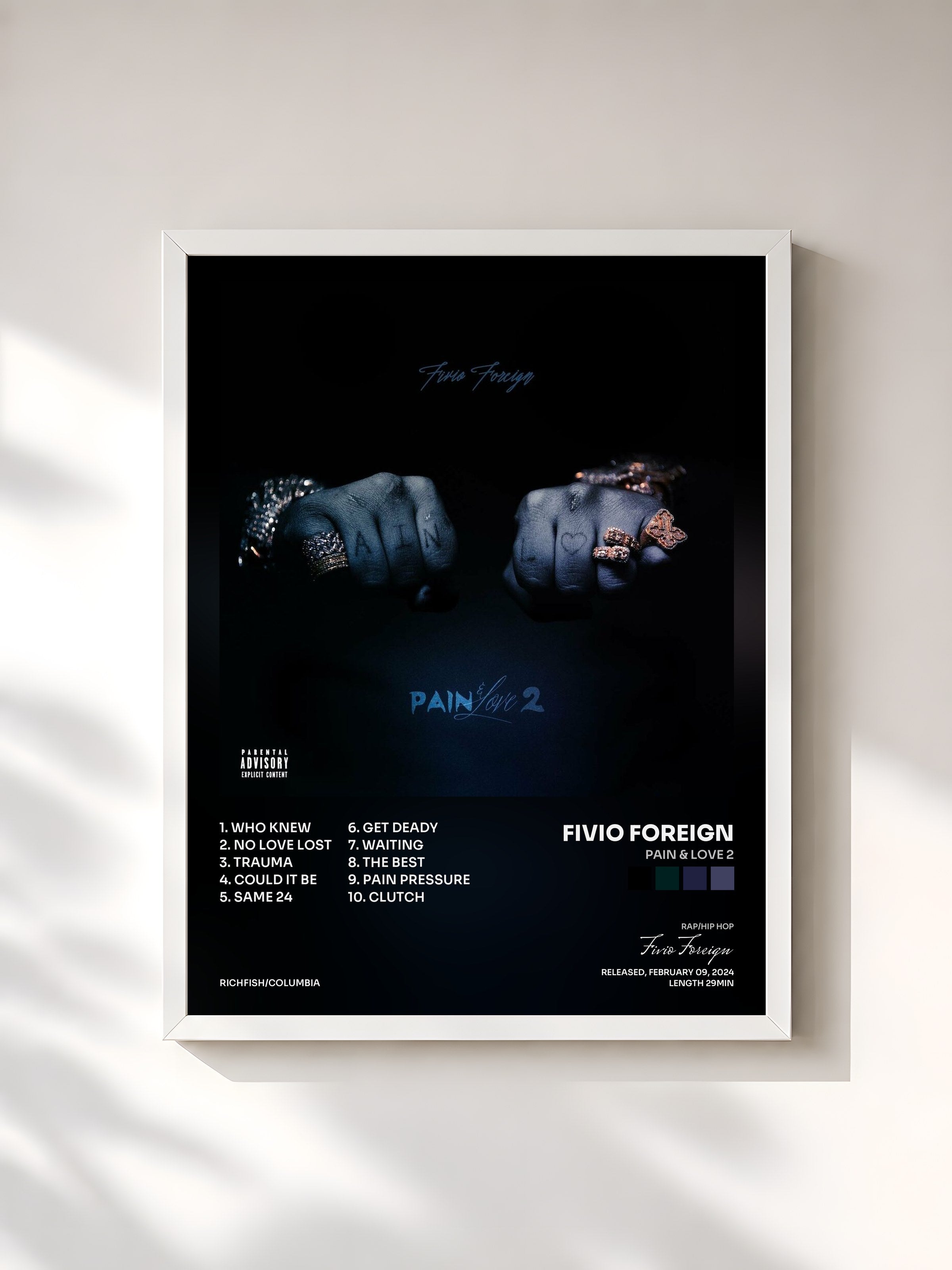 #blanc Tableau de l'album Pain & Love 2 de Fivio Foreign, cadre blanc, imprimé et encadré en France