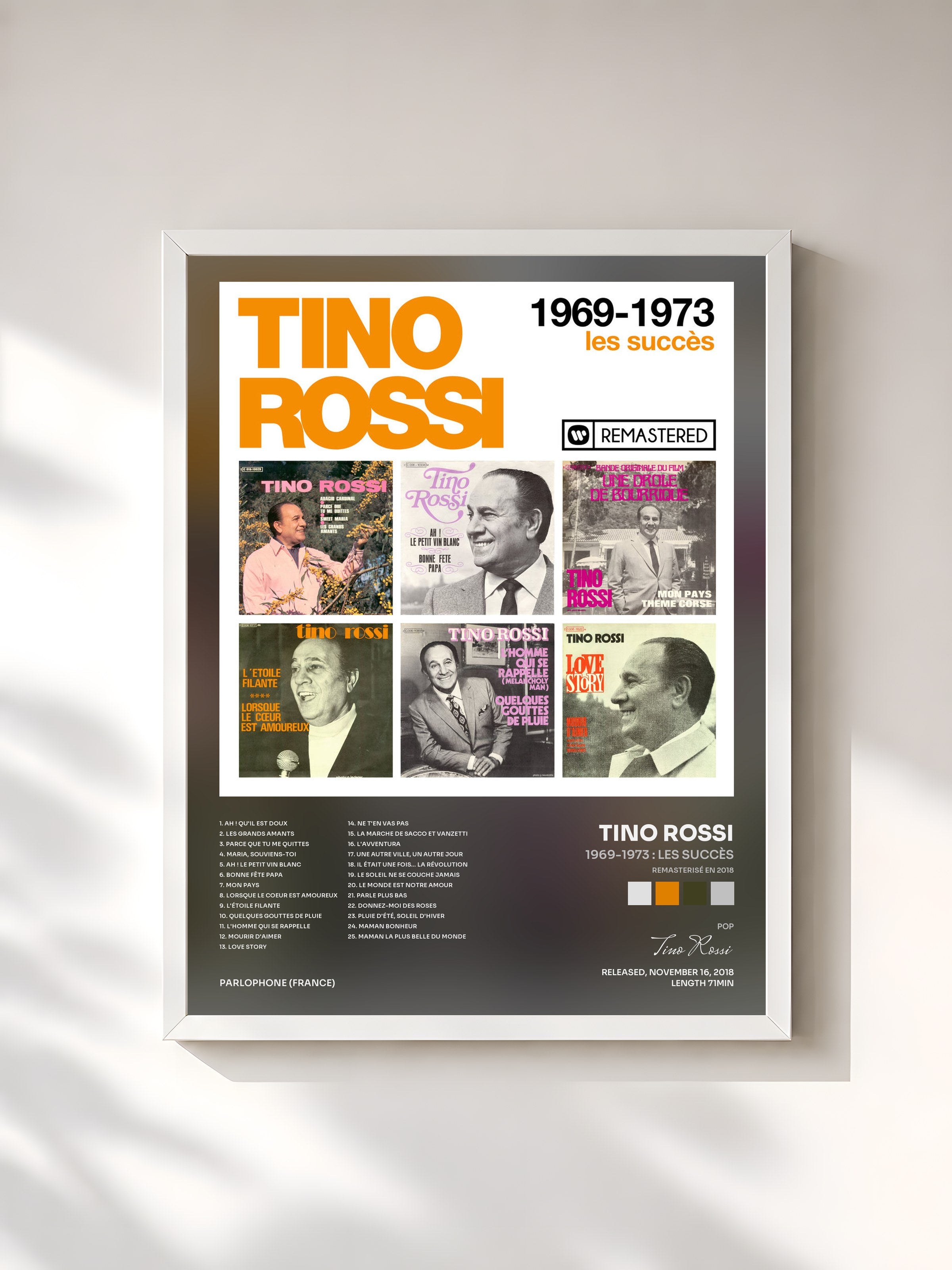 #blanc Tableau de l'album 1969-1973 : Les succès (Remasterisé en 2018) de Tino Rossi, cadre blanc, imprimé et encadré en France