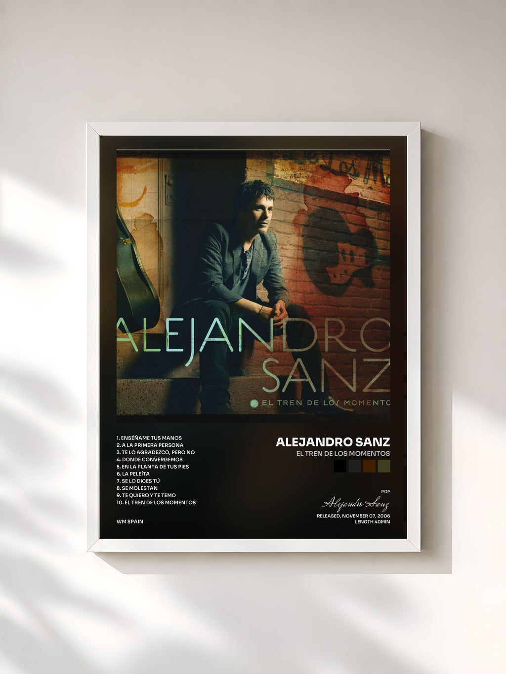 #blanc Tableau de l'album El tren de los momentos de Alejandro Sanz, cadre blanc, imprimé et encadré en France