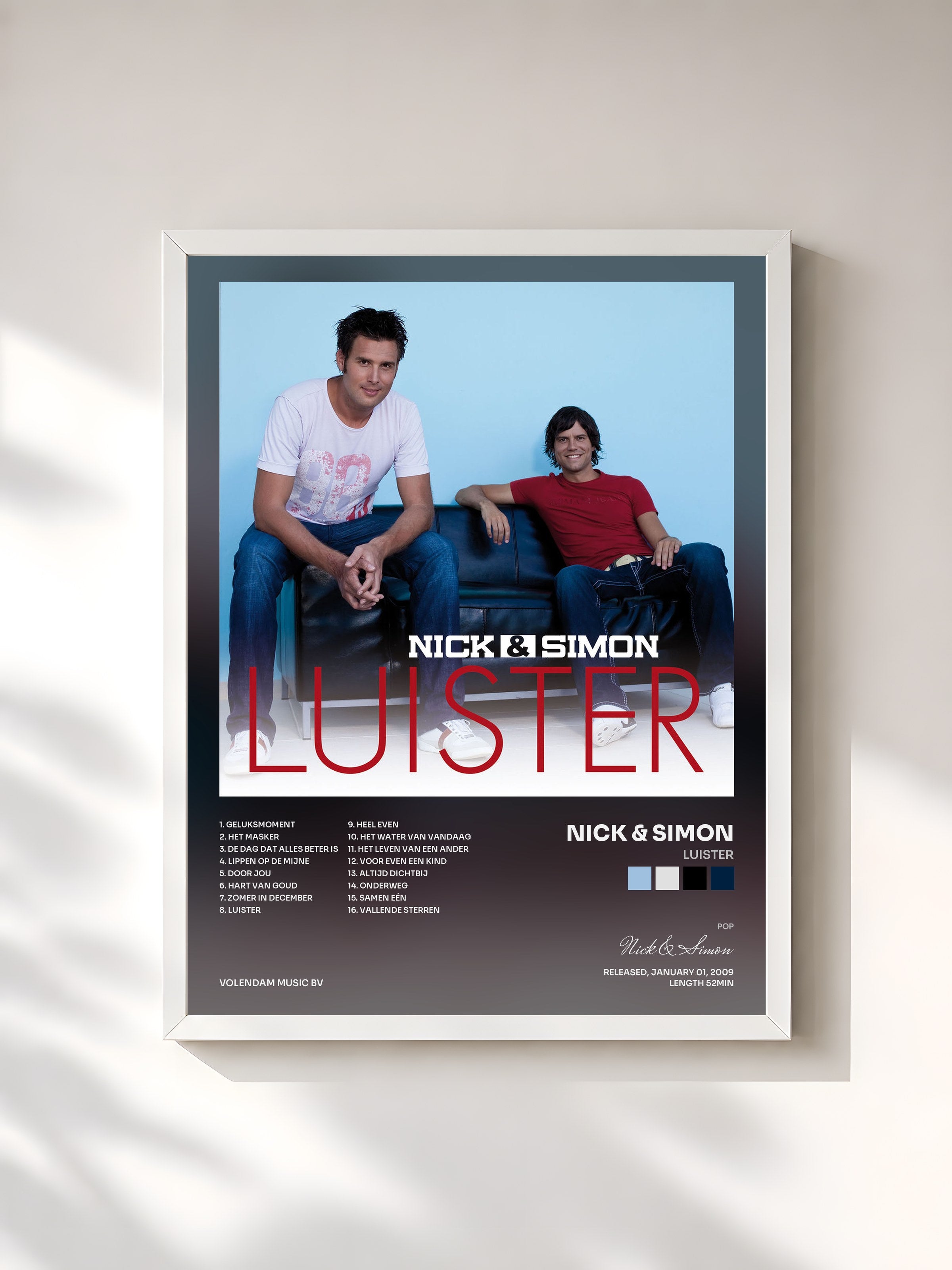 #blanc Tableau de l'album Luister de Nick & Simon, cadre blanc, imprimé et encadré en France