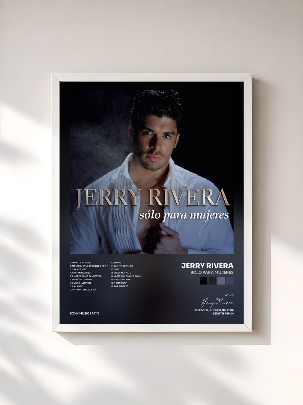 #blanc Tableau de l'album Sólo para Mujeres de Jerry Rivera, cadre blanc, imprimé et encadré en France