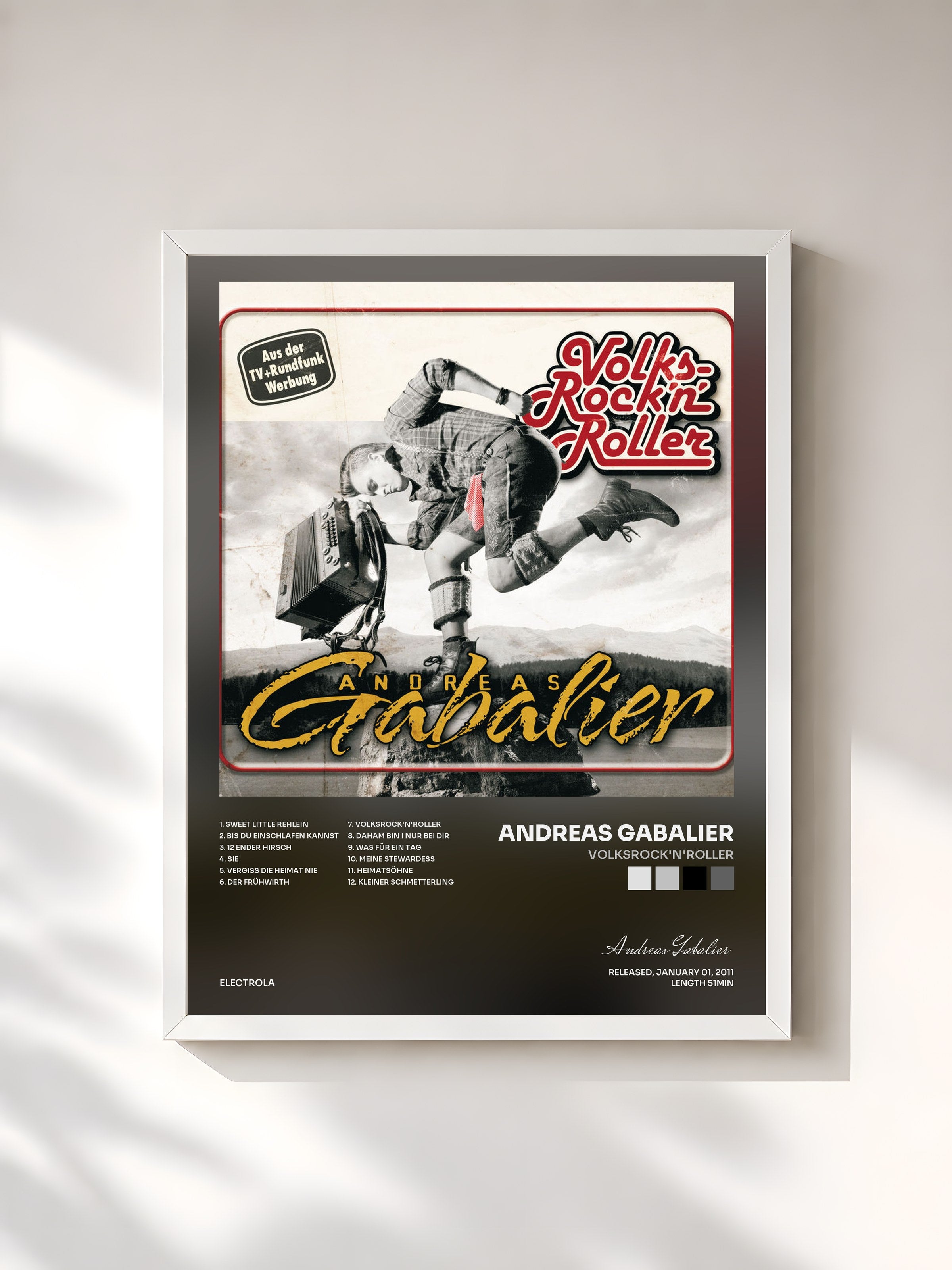 #blanc Tableau de l'album VolksRock'n'Roller de Andreas Gabalier, cadre blanc, imprimé et encadré en France