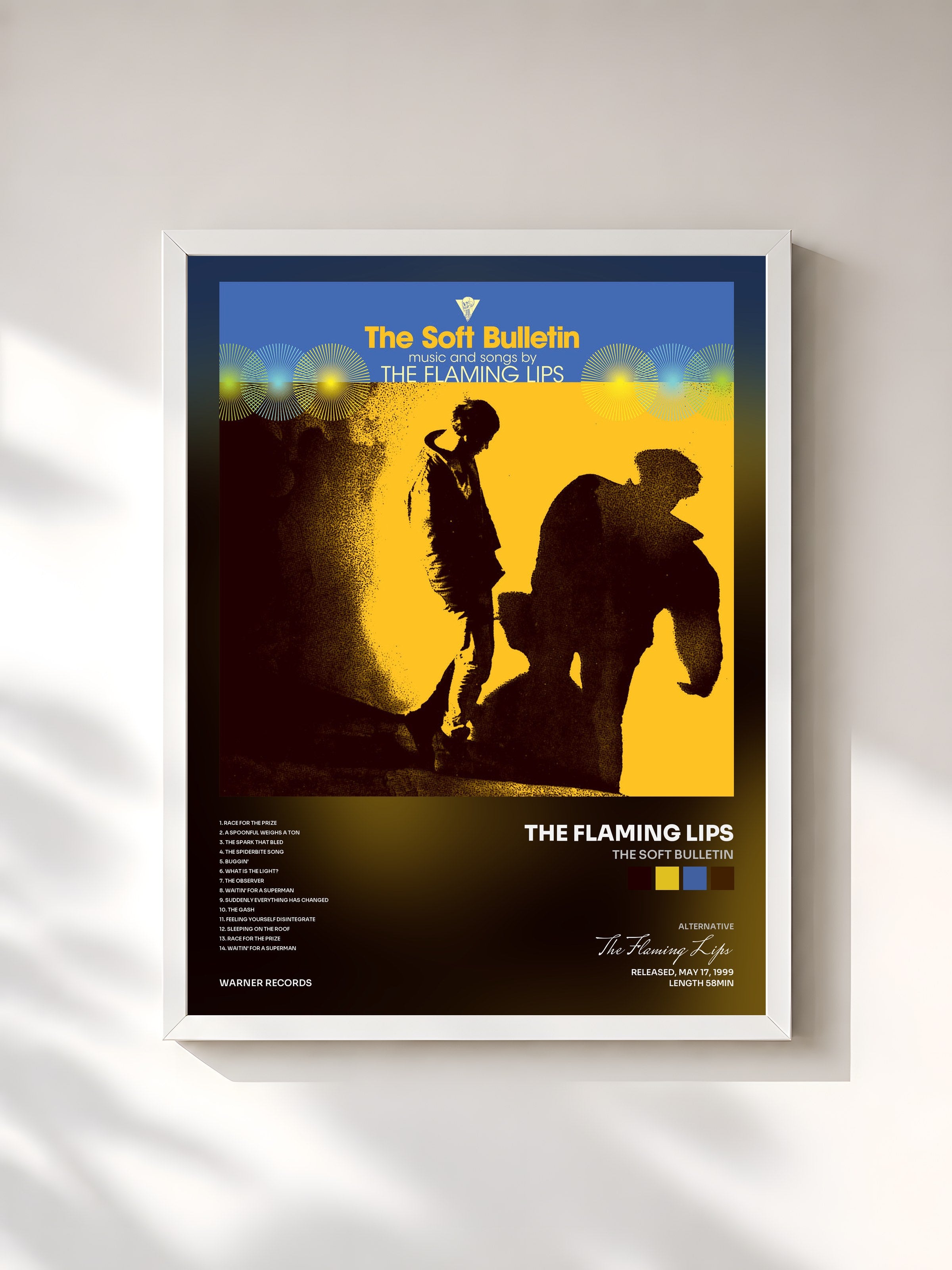#blanc Tableau de l'album The Soft Bulletin de The Flaming Lips, cadre blanc, imprimé et encadré en France