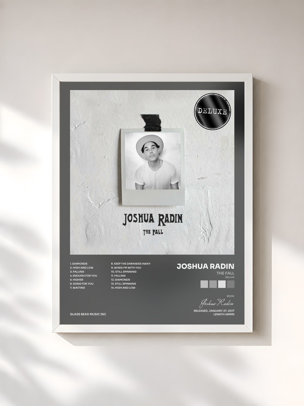 #blanc Tableau de l'album The Fall (Deluxe) de Joshua Radin, cadre blanc, imprimé et encadré en France