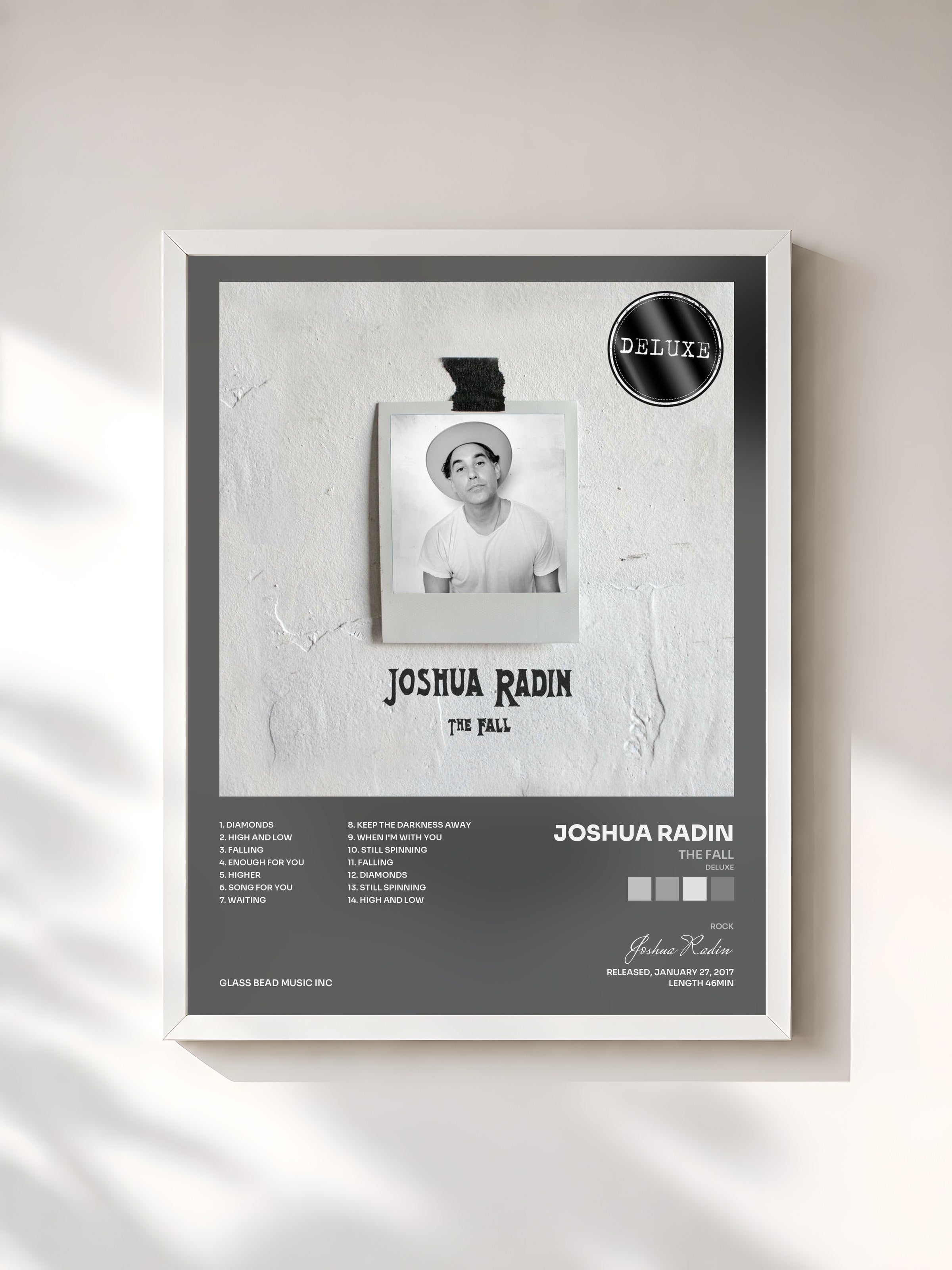 #blanc Tableau de l'album The Fall (Deluxe) de Joshua Radin, cadre blanc, imprimé et encadré en France