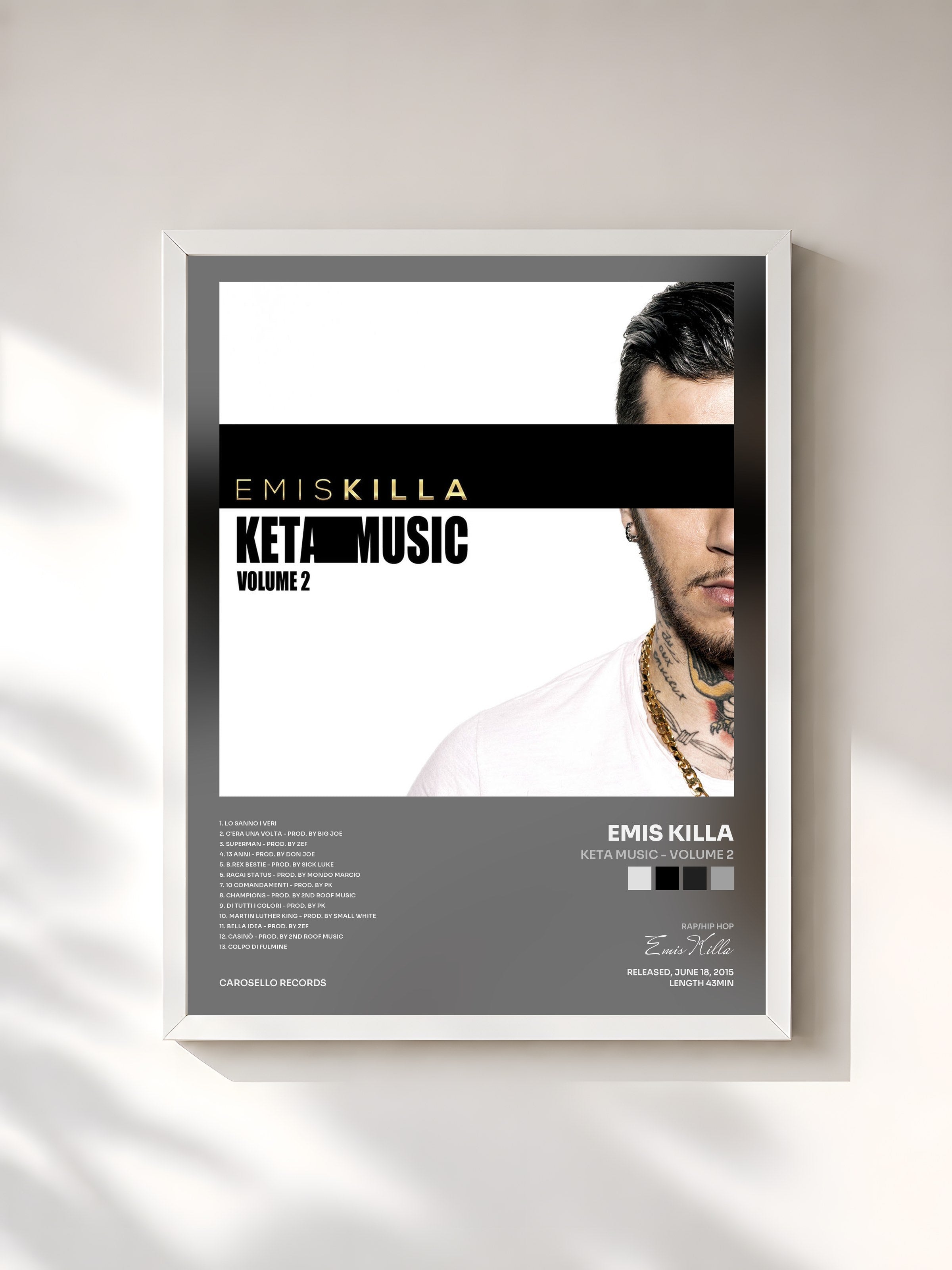 #blanc Tableau de l'album Keta Music - Volume 2 de Emis Killa, cadre blanc, imprimé et encadré en France