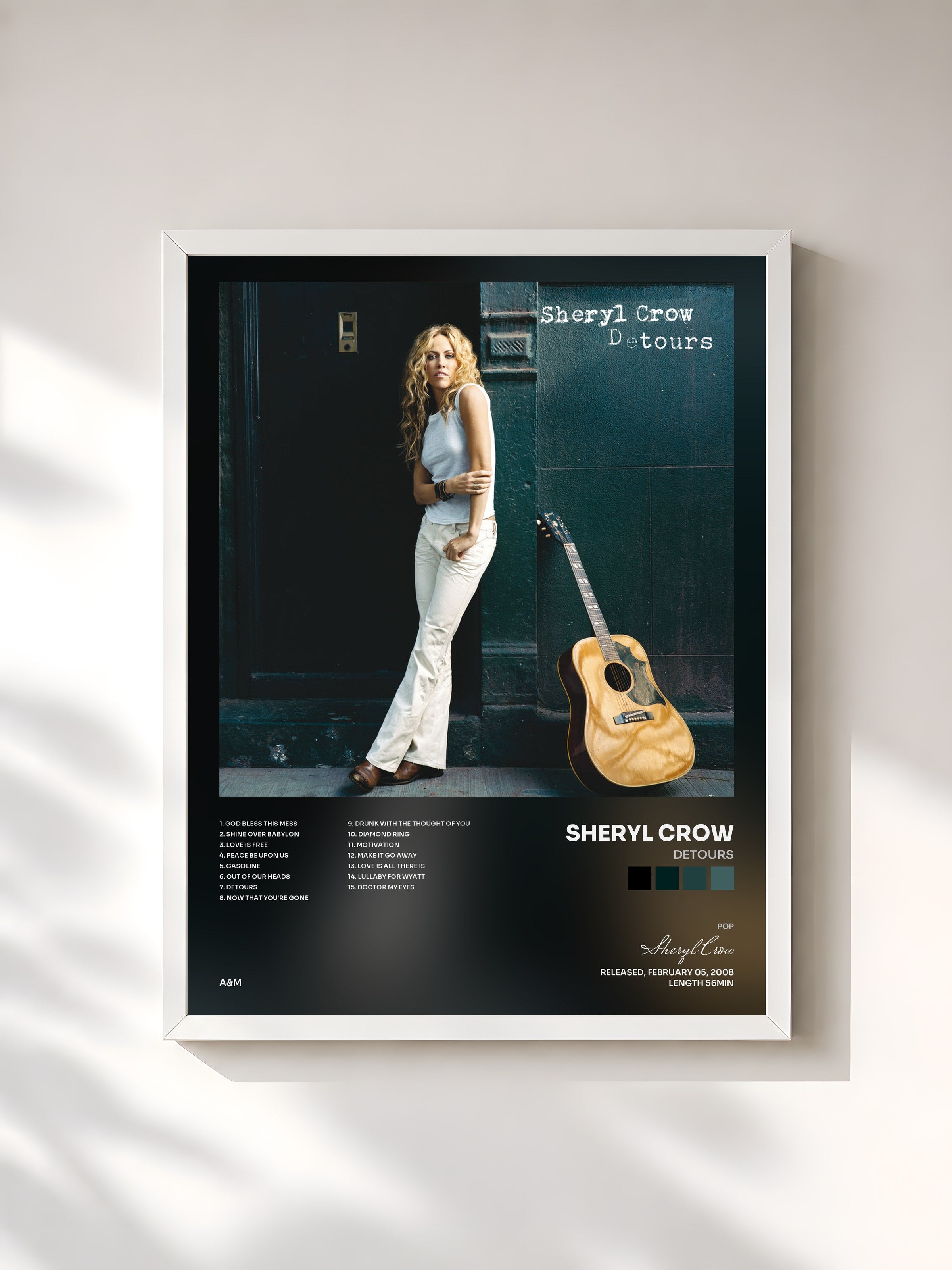 #blanc Tableau de l'album Detours de Sheryl Crow, cadre blanc, imprimé et encadré en France