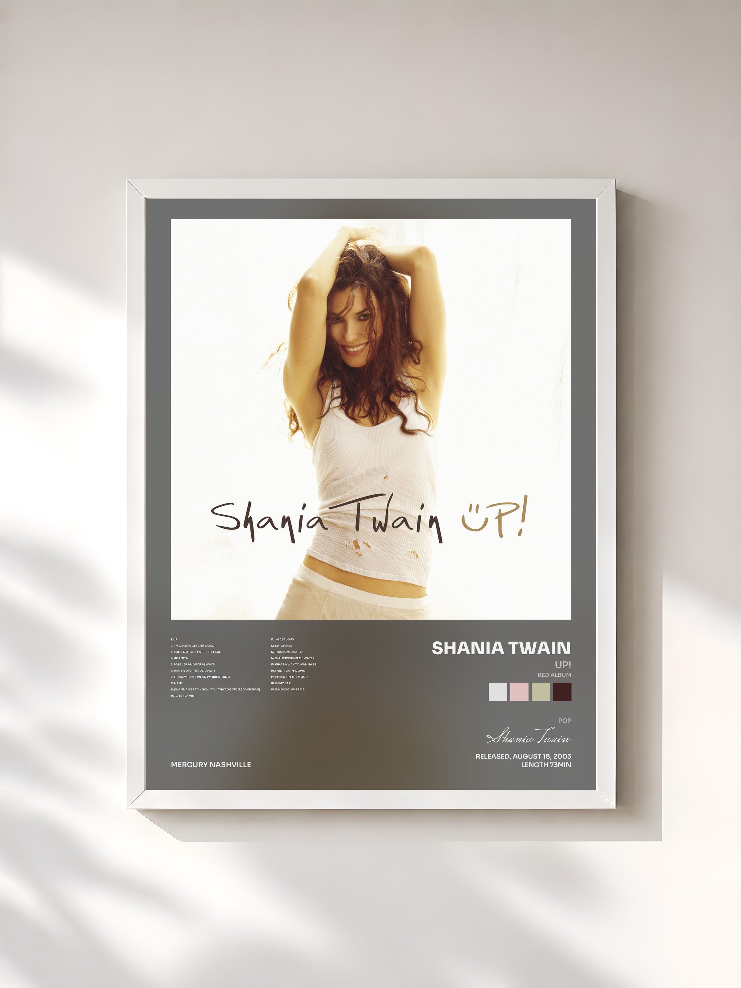 #blanc Tableau de l'album Up! (Red Album) de Shania Twain, cadre blanc, imprimé et encadré en France