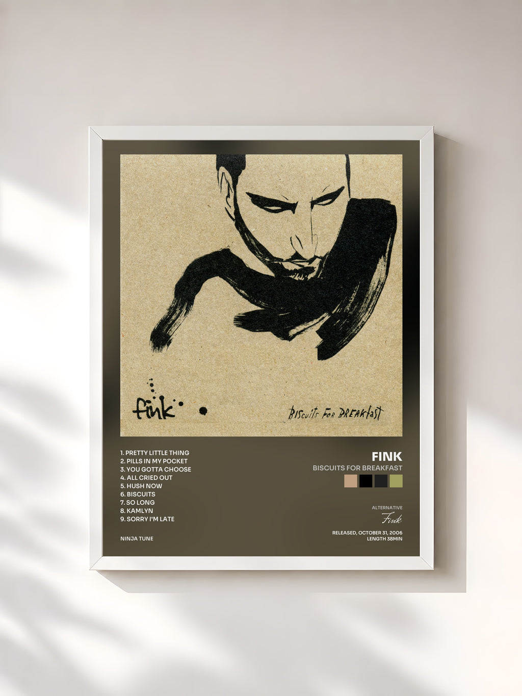 #blanc Tableau de l'album Biscuits For Breakfast de Fink, cadre blanc, imprimé et encadré en France