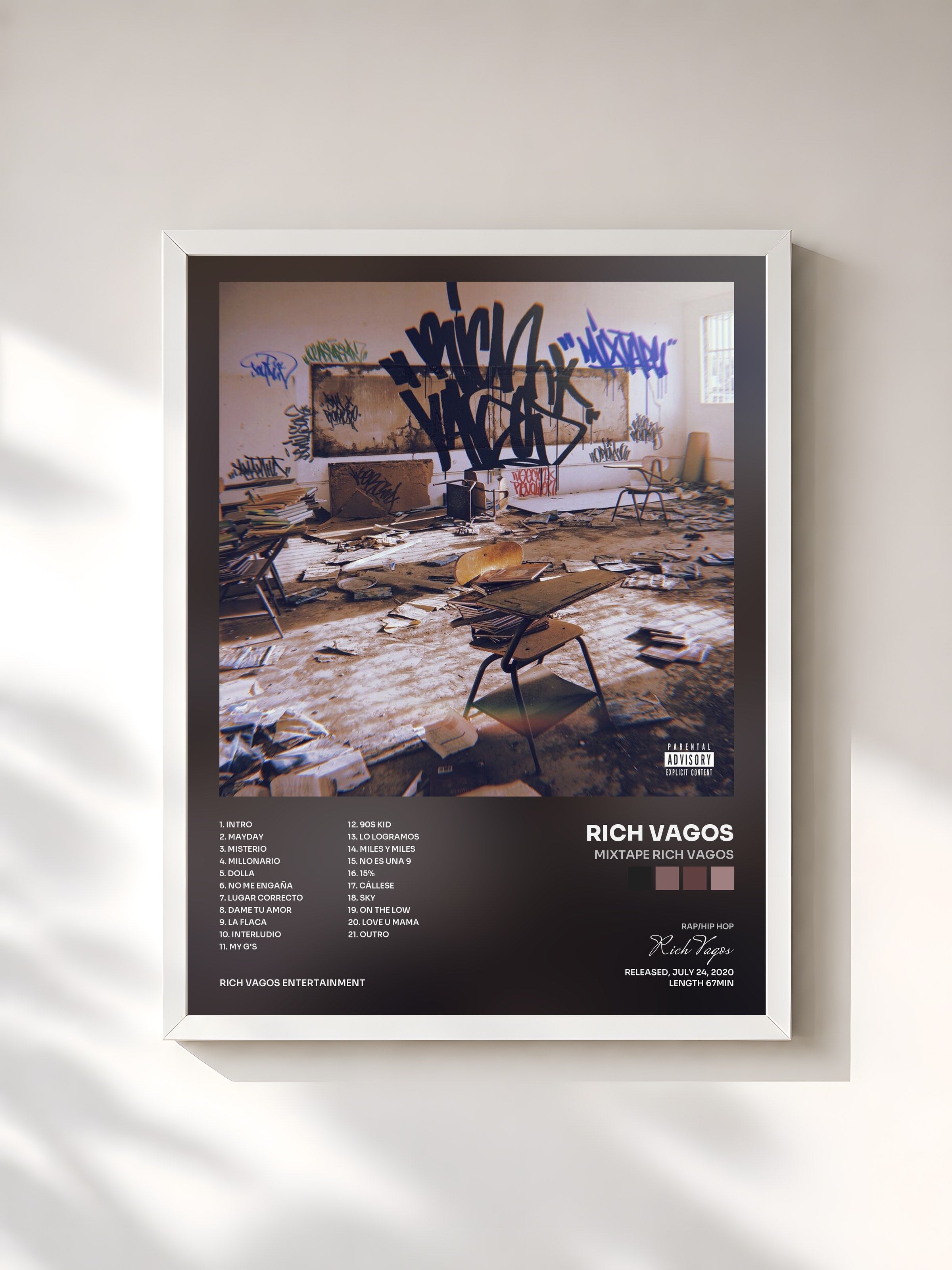 #blanc Tableau de l'album Mixtape Rich Vagos de Rich Vagos, cadre blanc, imprimé et encadré en France