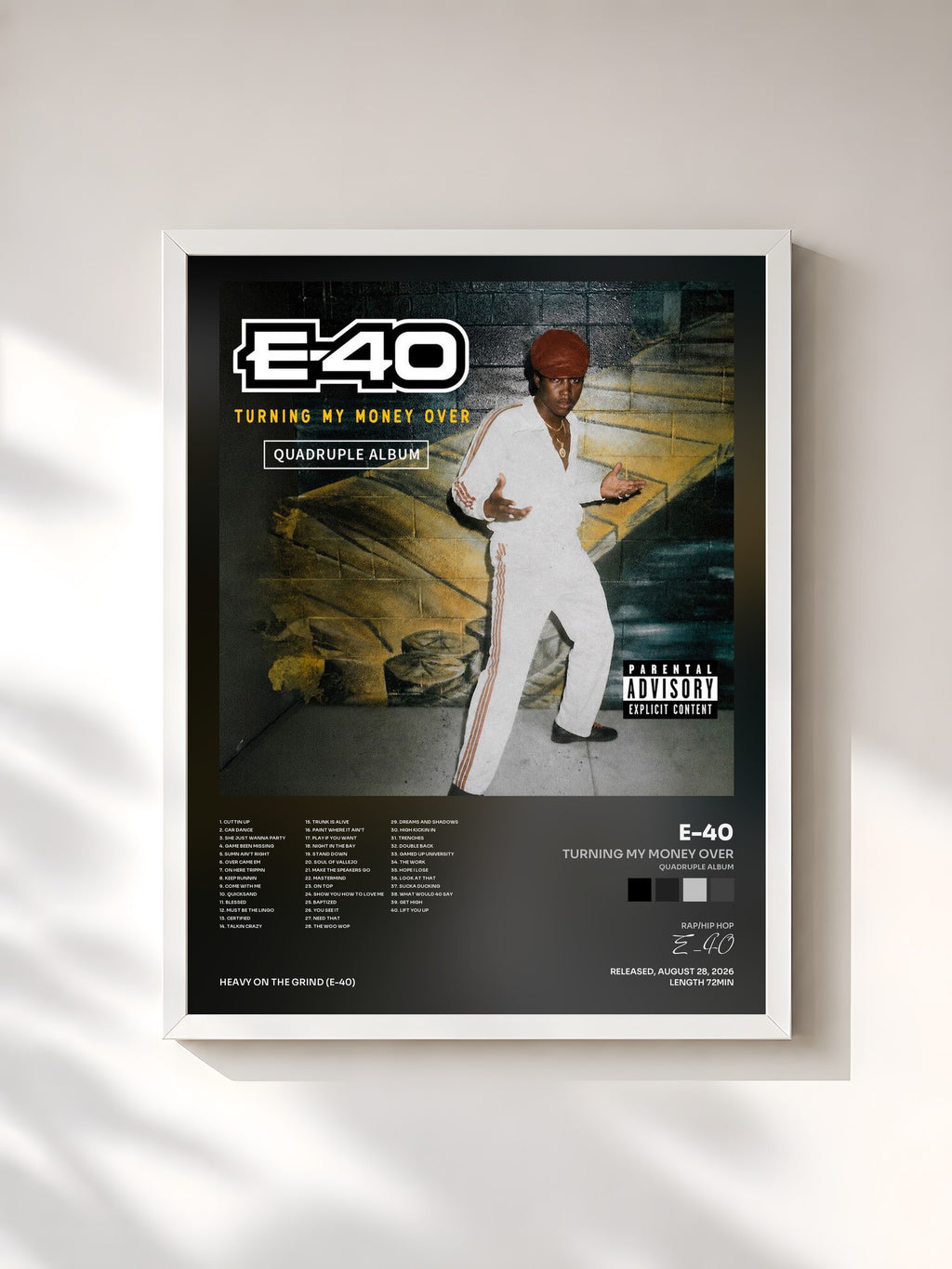 #blanc Tableau de l'album Turning My Money Over (Quadruple Album) de E-40, cadre blanc, imprimé et encadré en France