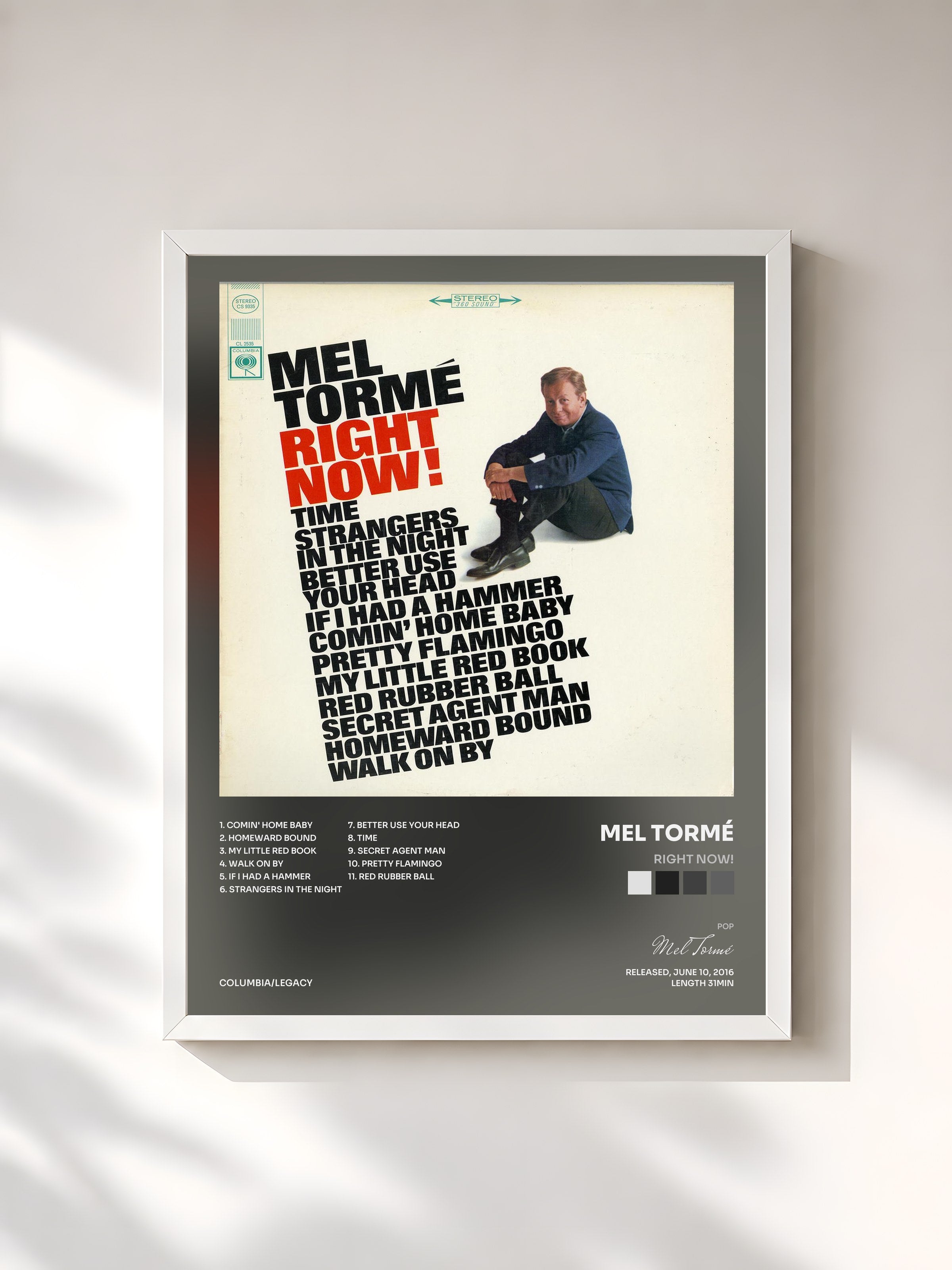 #blanc Tableau de l'album Right Now! de Mel Tormé, cadre blanc, imprimé et encadré en France