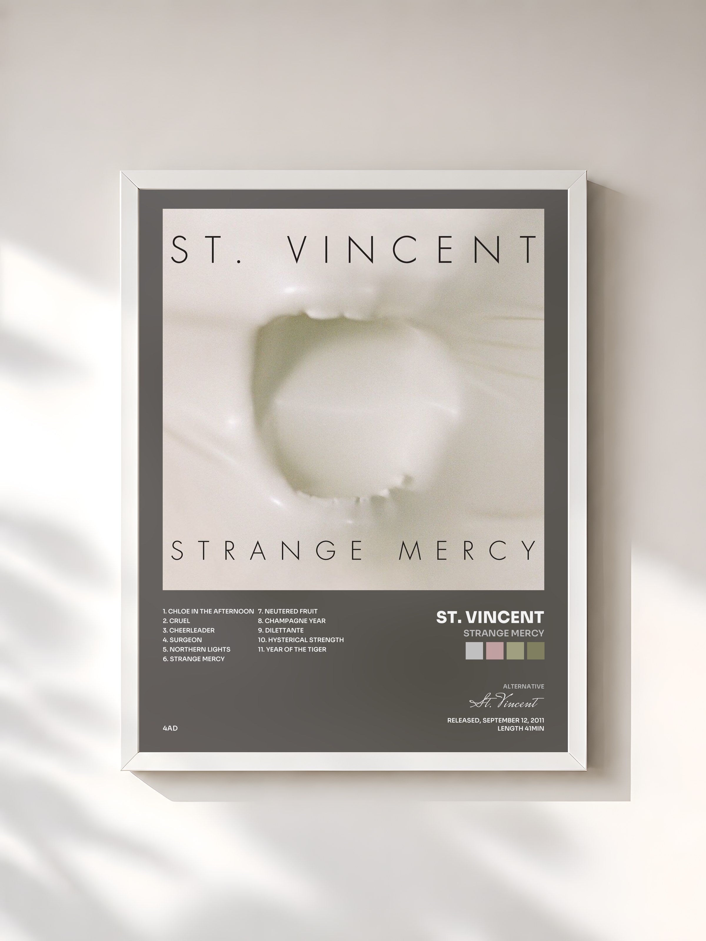 #blanc Tableau de l'album Strange Mercy de St. Vincent, cadre blanc, imprimé et encadré en France