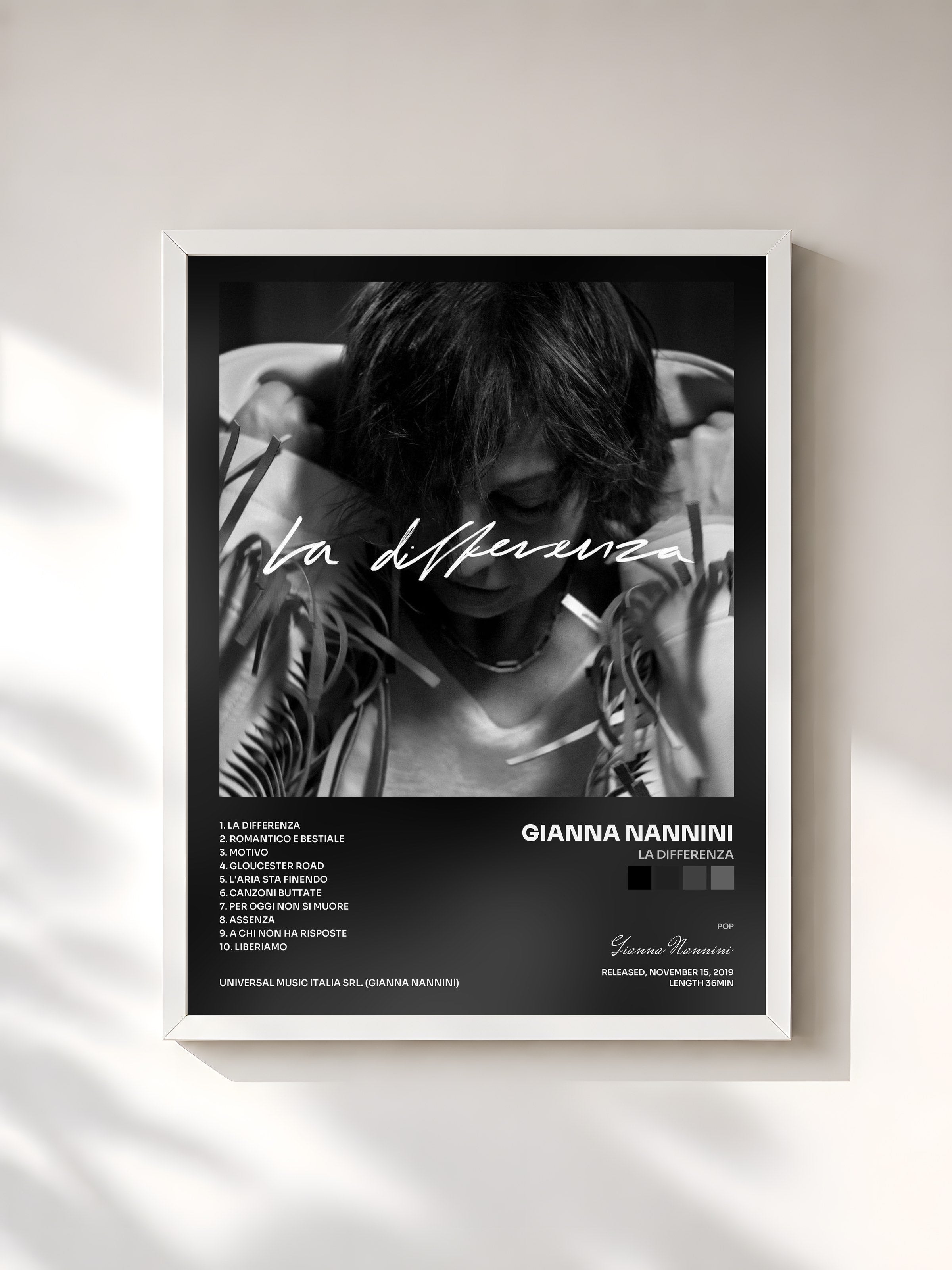 #blanc Tableau de l'album La differenza de Gianna Nannini, cadre blanc, imprimé et encadré en France