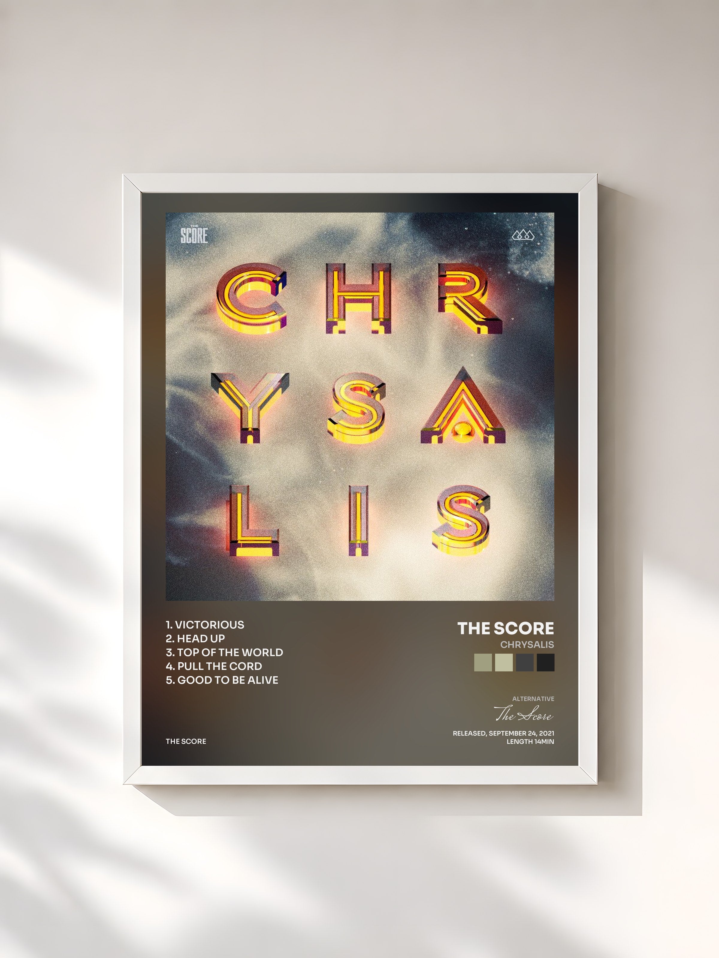 #blanc Tableau de l'album Chrysalis de The Score, cadre blanc, imprimé et encadré en France