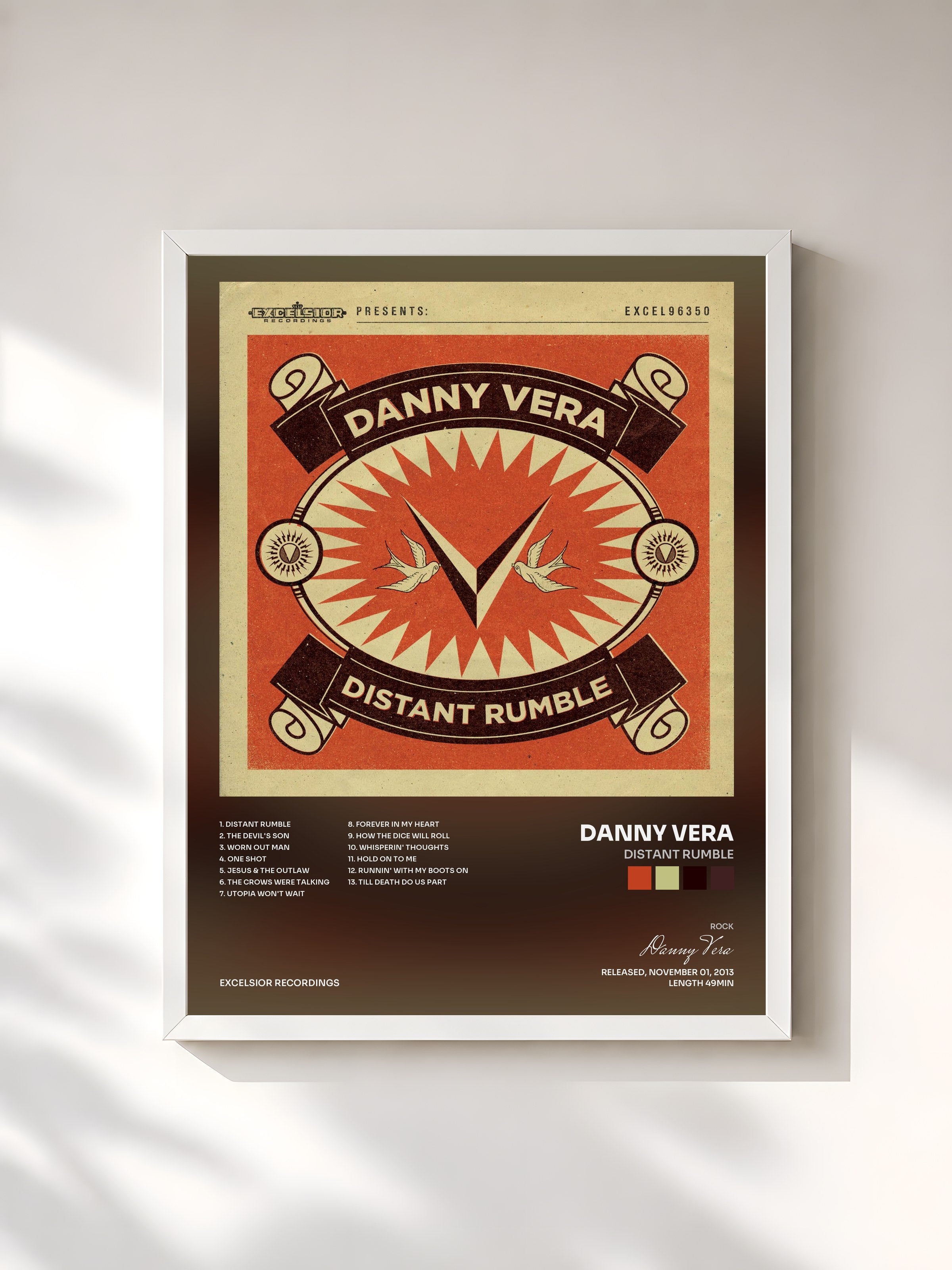 #blanc Tableau de l'album Distant Rumble de Danny Vera, cadre blanc, imprimé et encadré en France