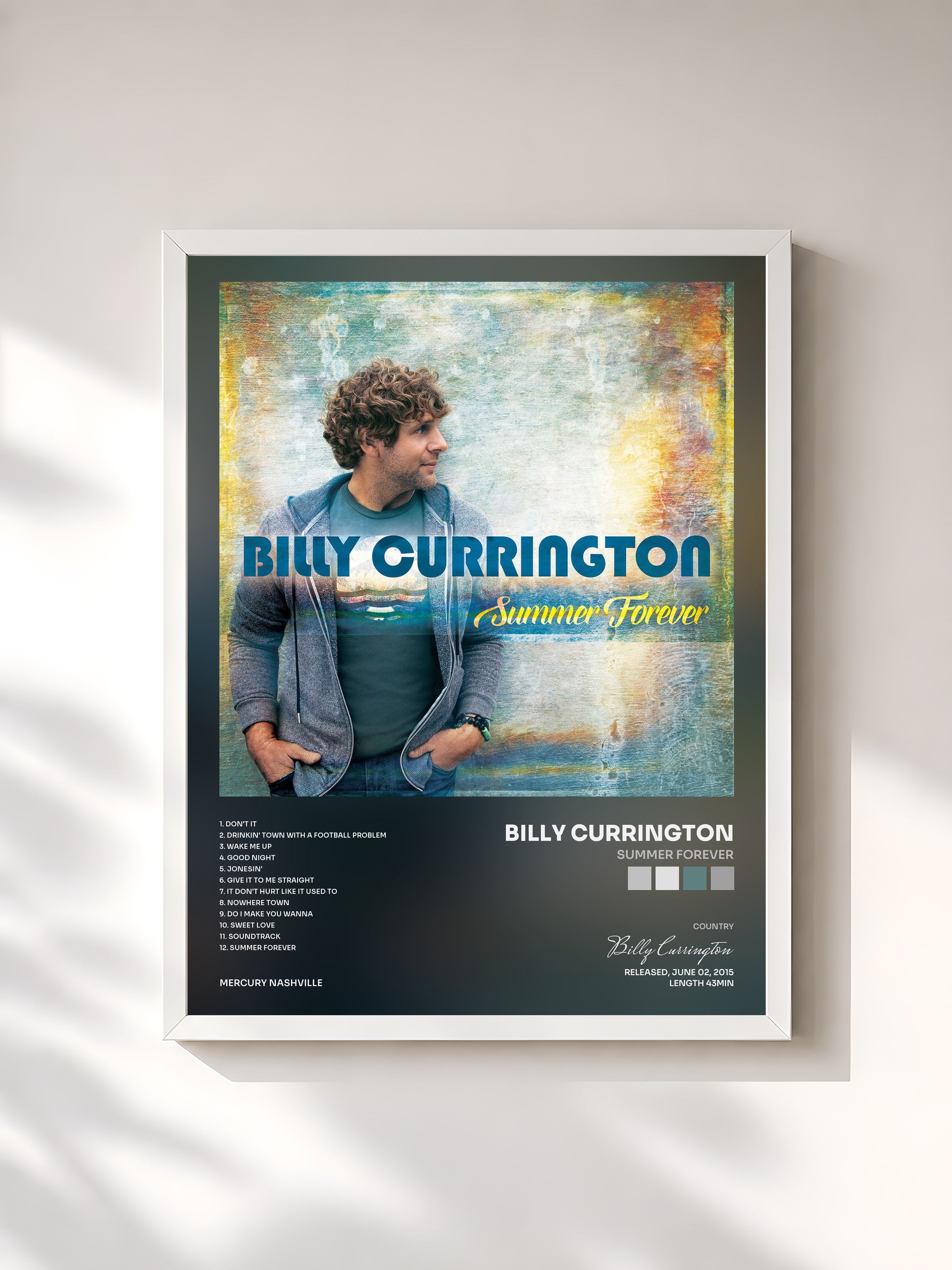 #blanc Tableau de l'album Summer Forever de Billy Currington, cadre blanc, imprimé et encadré en France