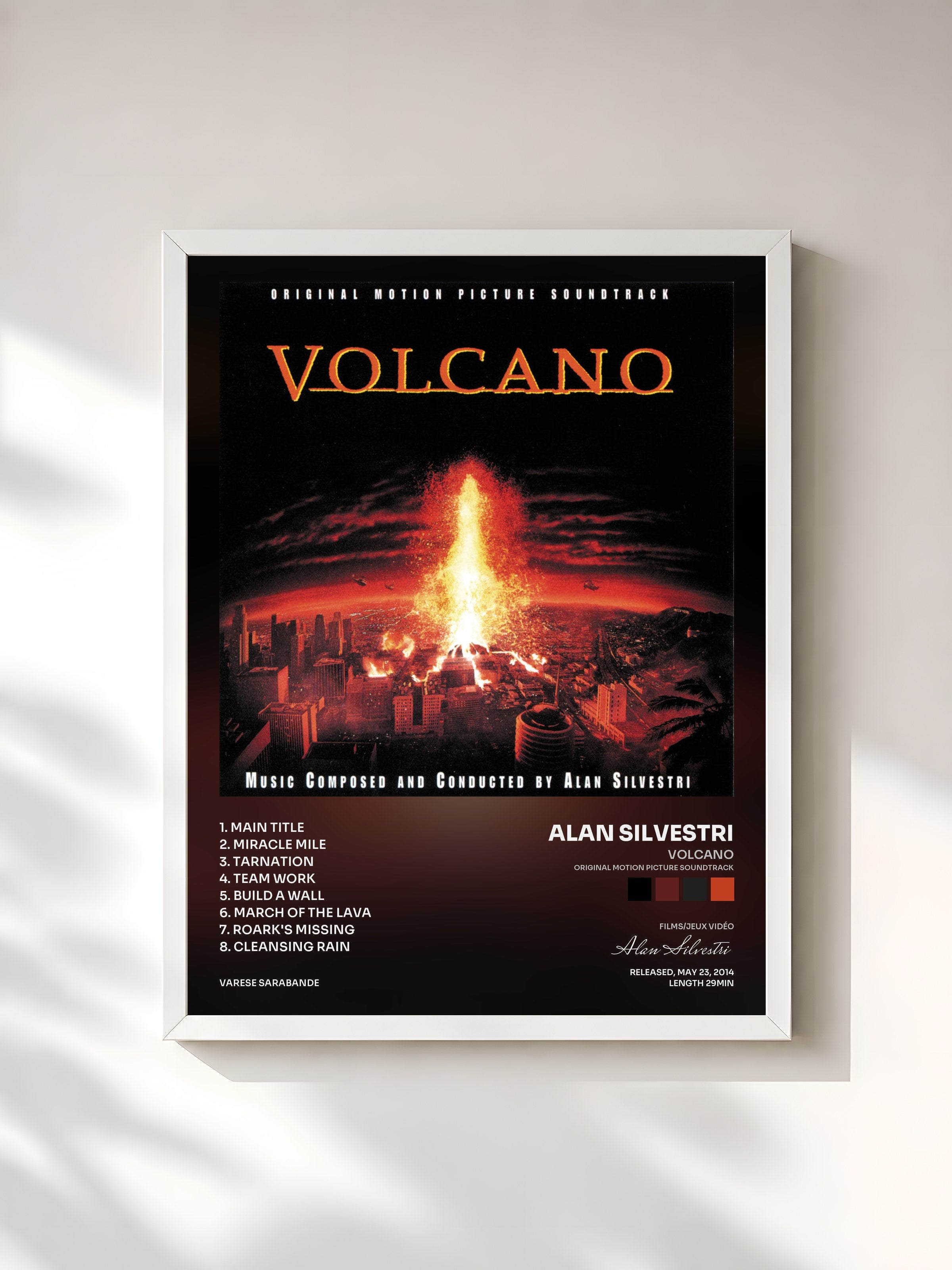 #blanc Tableau de l'album Volcano (Original Motion Picture Soundtrack) de Alan Silvestri, cadre blanc, imprimé et encadré en France