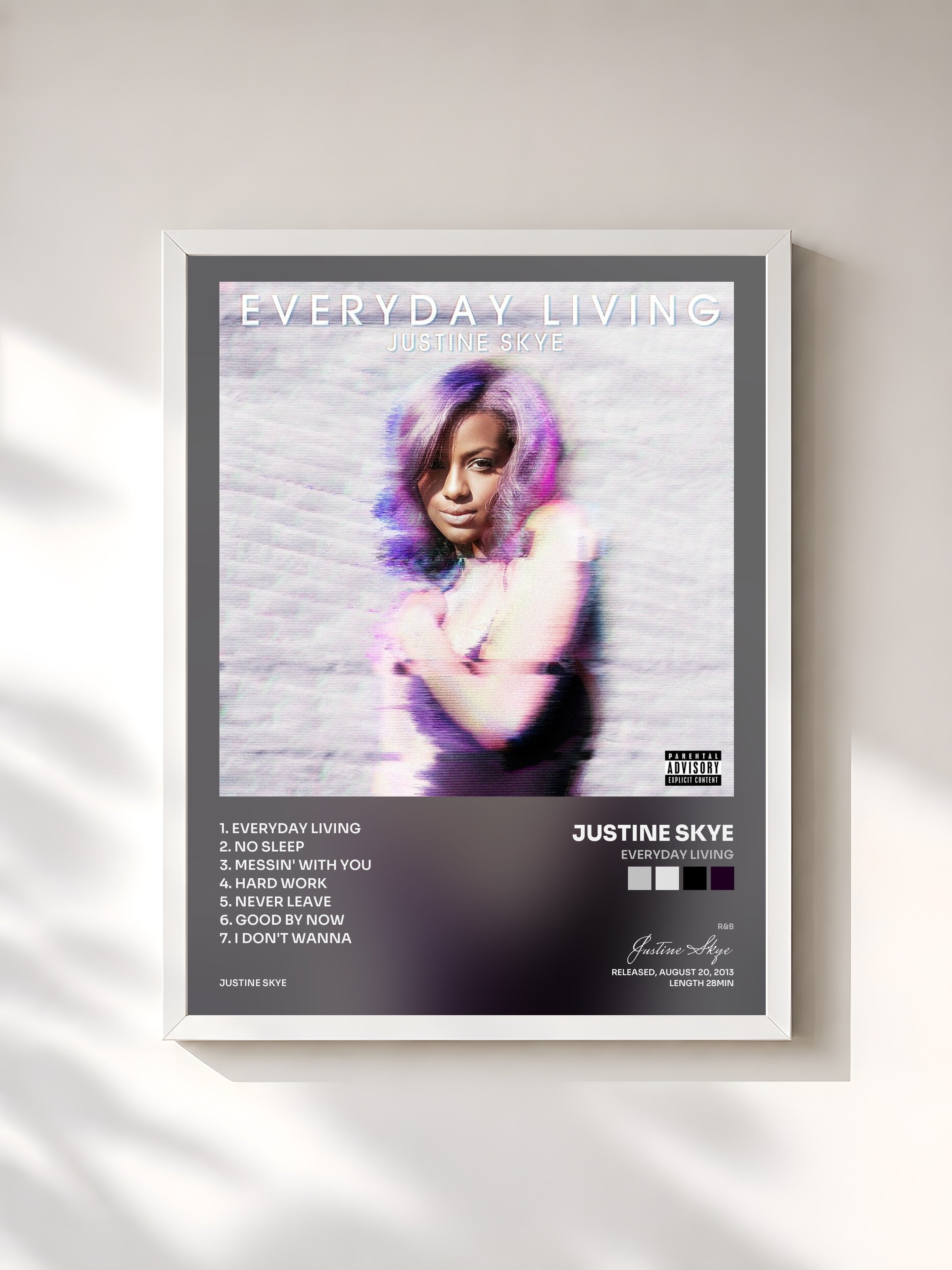 #blanc Tableau de l'album Everyday Living de Justine Skye, cadre blanc, imprimé et encadré en France