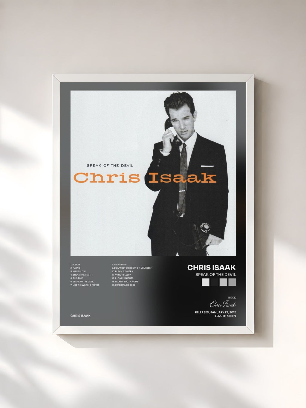 #blanc Speak Of The Devil by Chris Isaak as a framed art print, white frame, printed and framed in France