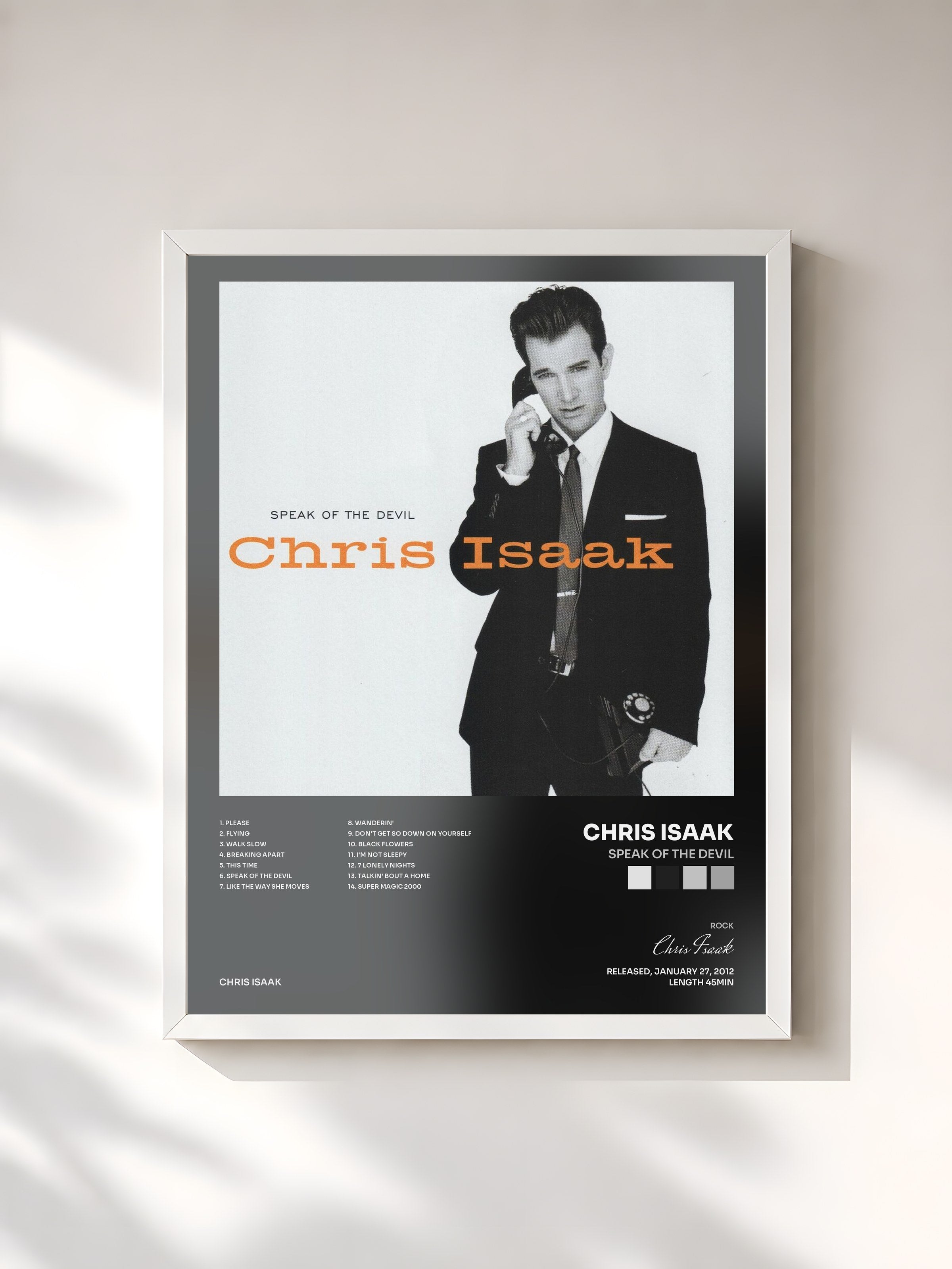#blanc Tableau de l'album Speak Of The Devil de Chris Isaak, cadre blanc, imprimé et encadré en France