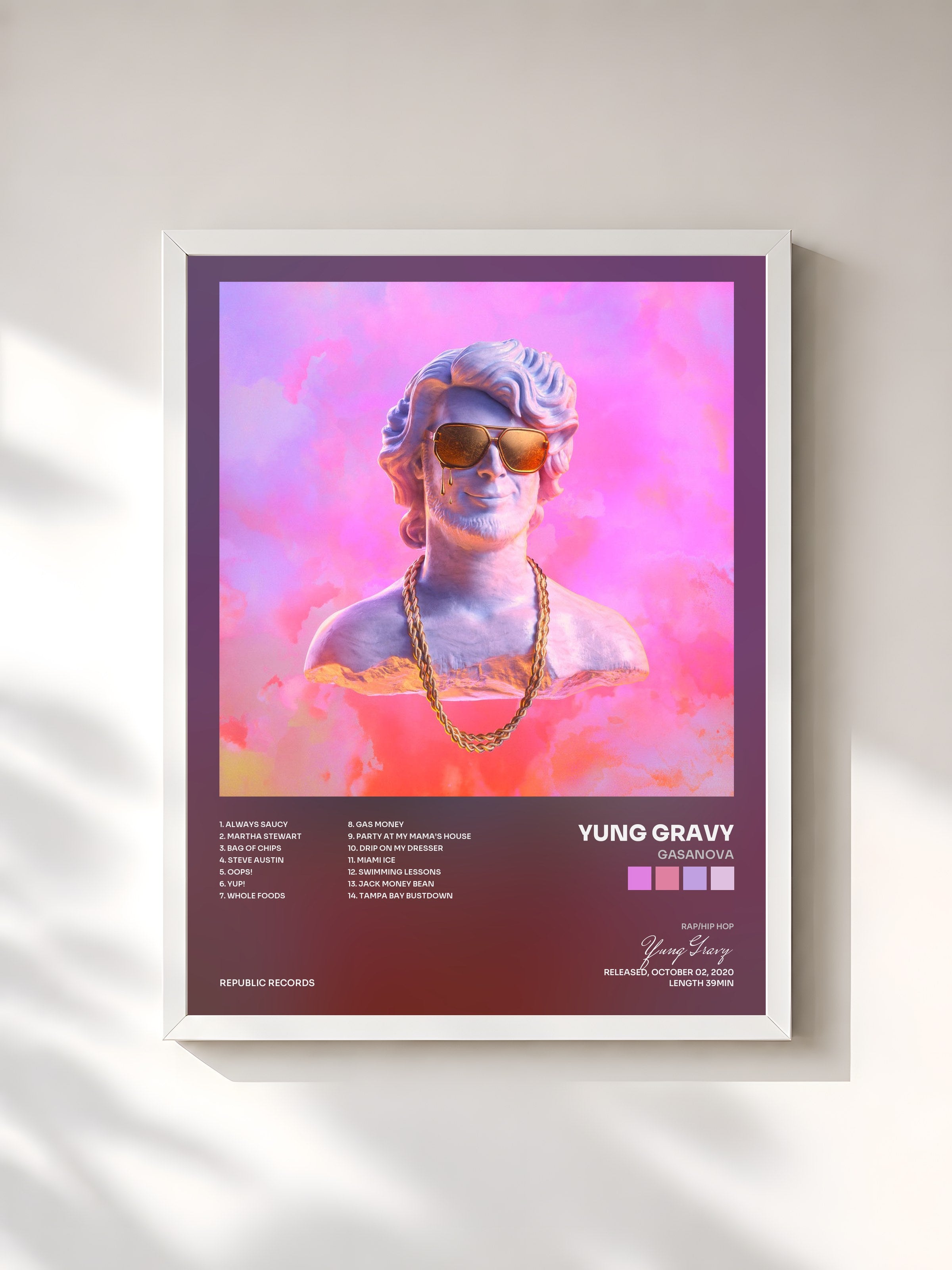#blanc Tableau de l'album Gasanova de Yung Gravy, cadre blanc, imprimé et encadré en France