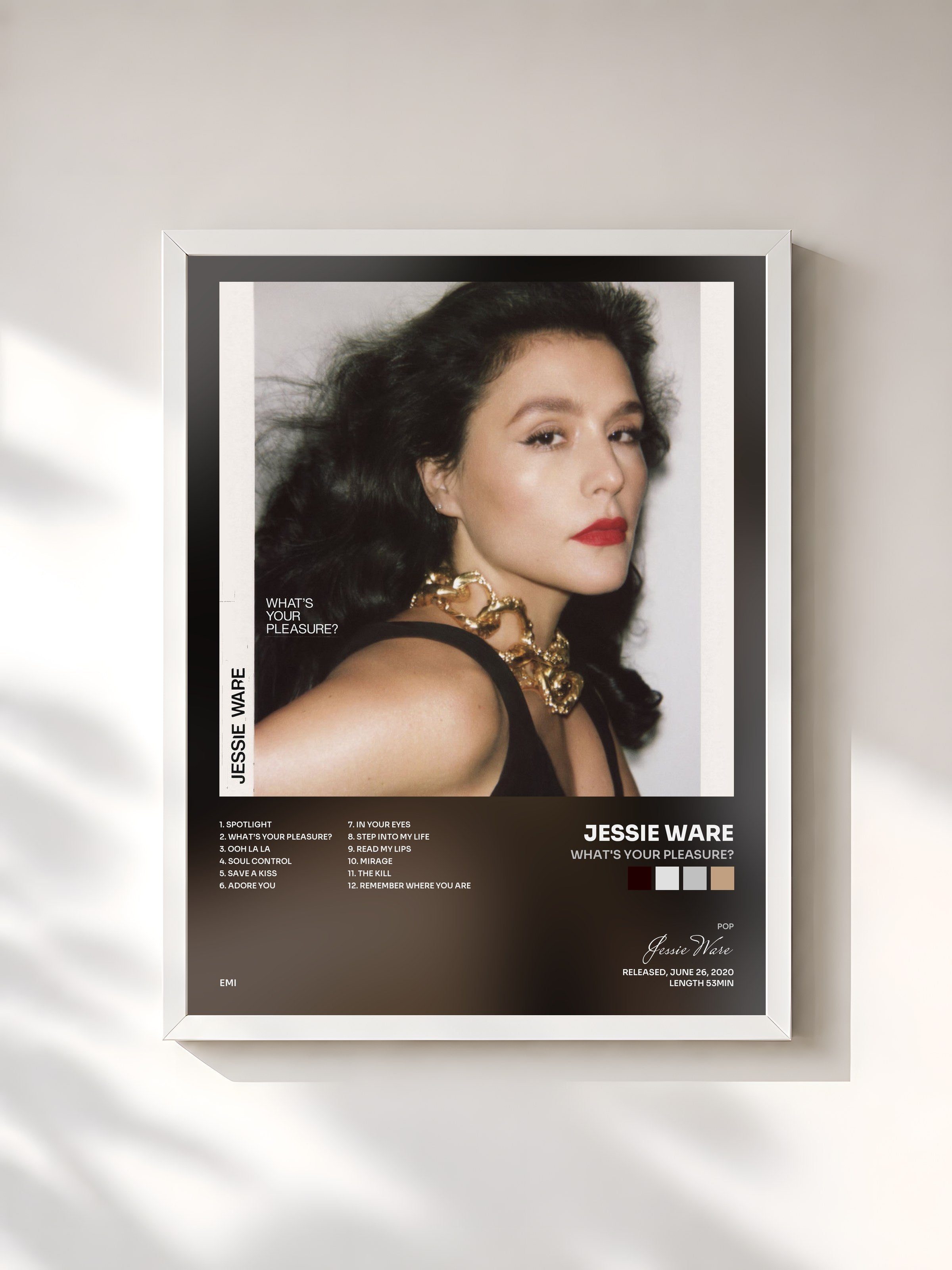 #blanc Tableau de l'album What's Your Pleasure? de Jessie Ware, cadre blanc, imprimé et encadré en France
