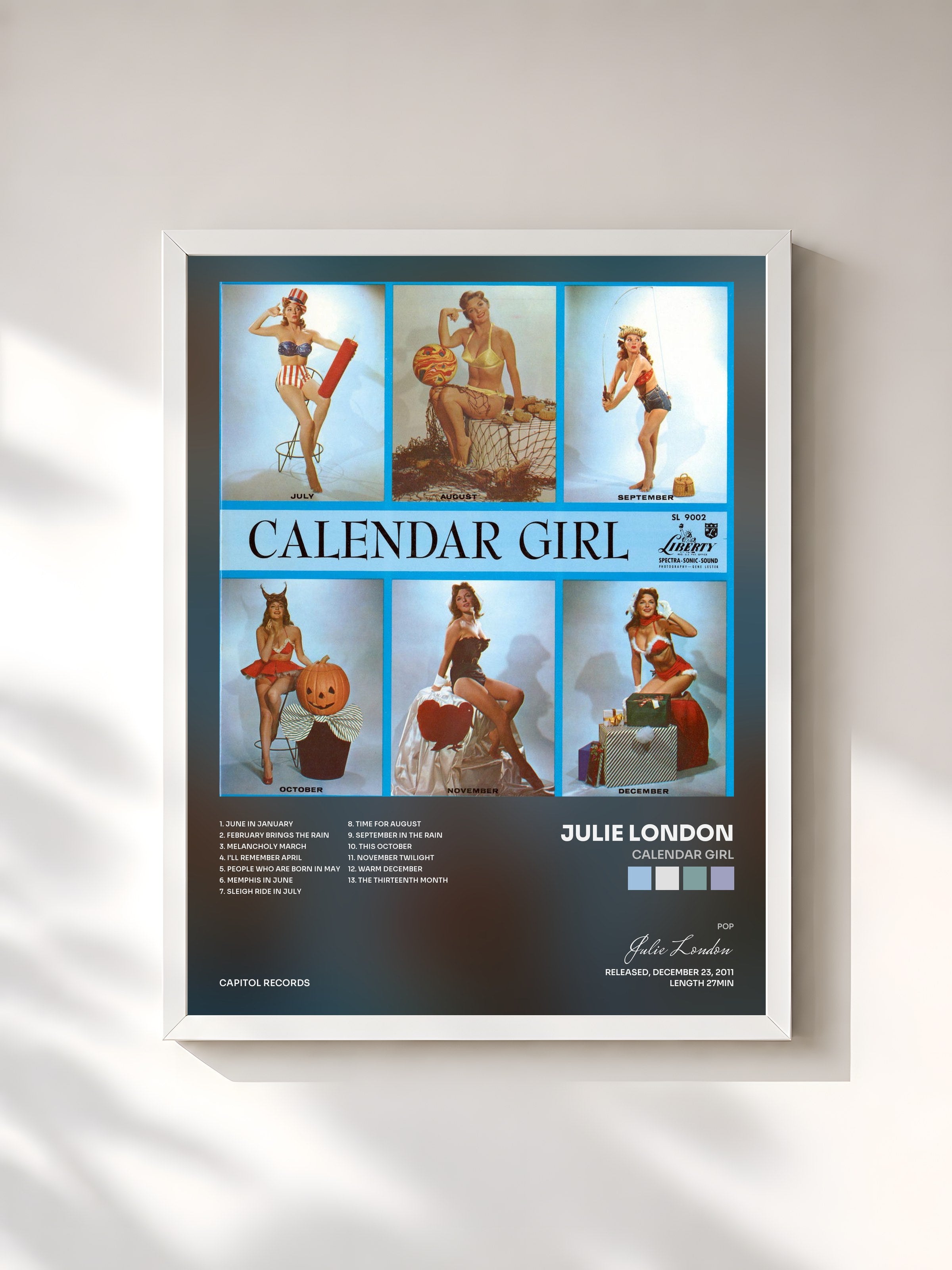 #blanc Tableau de l'album Calendar Girl de Julie London, cadre blanc, imprimé et encadré en France